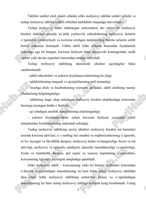 moliyaviy hisobot ma`lumotlari asosida korxona aktivlari, o`z mablag`lari manbai va majburiyatlarining o`zgarishi, to`lov layoqati va likvidlilik darajasi, moliyaviy holati va barqarorligi, bozor va ish aktivligi, moliyaviy va iqtisodiy salohiyati, iqtisodiy mustahkamligi va nochorligi, foyda va rentabellik darajasi, pul oqimi va xususiy kapitalning o`zgarishlari, korxonaning iqtisodiy reytingini aniqlashga qaratiladi. ichki moliyaviy tahlil – korxonaning ichki bo`limlari, xodimlari tomonidan o`tkazilib o`rganiladigan masalalarning ko`lami bilan tashqi moliyaviy tahlildan farq etadi. ichki moliyaviy tahlilning axborotlar bazasi va o`rganiladigan masalalarning ko`lami tashqi moliyaviy tahlilga nisbatan keng hisoblanadi. uning 6 axborotlar bazasiga faqat chop etiladigan moliyaviy hisobotlargina emas‚ balki moliyaviy hisobning barcha manbalari va hisobdan tashqari manbalarni ham kiritish mumkin. o`rganiladigan masalalar ko`lamini boshqaruvchilar va tahlilchilarning qiziqishlari doirasidan kelib chiqib belgilash mumkin. ushbu tahlil turining o`ziga xos xususiyatlarini quyidagi jihatlar bilan izohlash mumkin. ichki moliyaviy tahlilning o`ziga xos jihatlari: - tahlil subyektlarining tor guruhi; - tahlil natijalari faqat ichki talablarga, korxona boshqaruvi yuzasidan yo`naltirilganligi; - teran …