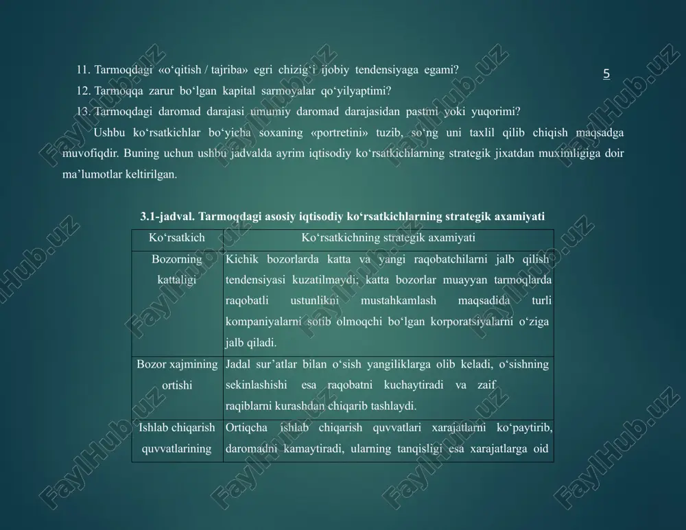 ay imkoniyatlarni vujudga keltiradi. kompaniya uz strategiyasini uzgartirib, ushbu kursatkichlarni uz foydasiga o‘zgartirishi mumkin. potensial raqobatchilarning kirish xavfi (porterning birinchi kuchi) kompaniyaning daromadlariga taxdid solishi mumkin. ikkinchi tomondan, agar bu xavf kichik bulsa, kompaniya narxlarni oshirib, uz daromadlarini kupaytirishi mumkin. bu omilning raqobatchilik kuchi kirish tusiqlarining (tarmoqqa kirish qiymatining) balandligiga kuchli darajada bog‘liqdir. bunday tusiqlarning uchta asosiy manbayi bor: xaridorlarning savdo markasiga sodiqligi (kirib kelayotgan kompaniyalar buni katta investitsiyalar evaziga bartaraf qilishlari mumkin); xarajatlar buyicha mutlaq ustunliklar (ishlab chiqarish xarajatlarining yanada kamligi mavdul kompaniyalar uchun yangi kompaniyalar erishishi qiyin bulgan katta ustunliklar beradi); kulamdan tejash (bunday ustunlikka odatda katta kompaniyalar ega buladilar). u standartlashtirilgan maxsulotni yoppasiga ishlab chiqarishda xarajatlarning kamaytirilishi, xom ashyo, material va tarkibiy qismlarni katta miqdorlarda sotib olishdagi chegirmalar, reklamaga sarflanadigan xarajatlarning kamaytirilishi va xokazolar bilan bog‘liqdir. bularning barchasi ishlab chiqarishni endi boshlayotgan kompaniyalar uchun katta qiyinchiliklar tug‘diradi. porter nazariyasi buyicha ikkinchi raqobatchi kuch tarmoqda mavjud bulgan kompaniyalarning …