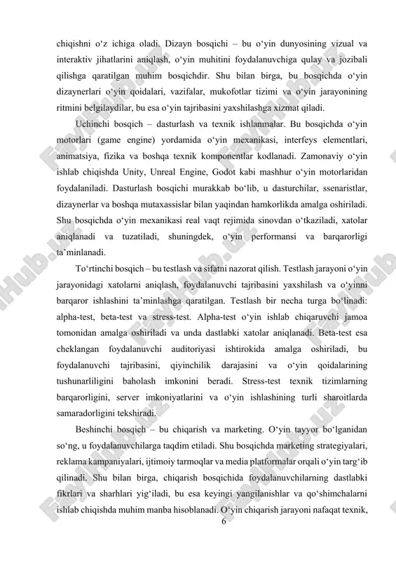 tajribasini yaxshilashga xizmat qiladi. uchinchi bosqich – dasturlash va texnik ishlanmalar. bu bosqichda o‘yin motorlari (game engine) yordamida o‘yin mexanikasi, interfeys elementlari, animatsiya, fizika va boshqa texnik komponentlar kodlanadi. zamonaviy o‘yin ishlab chiqishda unity, unreal engine, godot kabi mashhur o‘yin motorlaridan foydalaniladi. dasturlash bosqichi murakkab bo‘lib, u dasturchilar, ssenaristlar, dizaynerlar va boshqa mutaxassislar bilan yaqindan hamkorlikda amalga oshiriladi. shu bosqichda o‘yin mexanikasi real vaqt rejimida sinovdan o‘tkaziladi, xatolar aniqlanadi va tuzatiladi, shuningdek, o‘yin performansi va barqarorligi ta’minlanadi. to‘rtinchi bosqich – bu testlash va sifatni nazorat qilish. testlash jarayoni o‘yin jarayonidagi xatolarni aniqlash, foydalanuvchi tajribasini yaxshilash va o‘yinni barqaror ishlashini ta’minlashga qaratilgan. testlash bir necha turga bo‘linadi: alpha-test, beta-test va stress-test. alpha-test o‘yin ishlab chiqaruvchi jamoa tomonidan amalga oshiriladi va unda dastlabki xatolar aniqlanadi. beta-test esa cheklangan foydalanuvchi auditoriyasi ishtirokida amalga oshiriladi, bu foydalanuvchi tajribasini, qiyinchilik darajasini va o‘yin qoidalarining tushunarliligini baholash imkonini beradi. stress-test texnik tizimlarning barqarorligini, server imkoniyatlarini va …