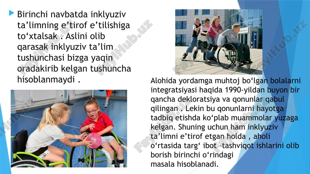 inmagan, giyohvandlik va spirtli ichimlikka ruju qo‘ygan, o‘g‘rilik va bezorilikka moyil o‘quvchilar nazarda tutiladi. kuzatishlardan ma'lum bo‘lishicha, tarbiyasi qiyin bolalar tarbiya jarayonida pedagogik ta'sirlarga qarshilik ko‘rsatadi, ularning xulqida o‘zini biz xohlaganday tutmaslik holatlari kuzatiladi. tarbiyasi qiyin bolalar paydo bo‘lishining asosiy sabablaridan biri ularda o‘qishga nisbatan salbiy munosabatning yuzaga kelishidir. odatda, bunday munosabatning paydo bo‘lishiga boshqa sabablar ham ta'sir ko‘rsatishi mumkin. jumladan, o‘quv faoliyati usuli, malakalari to‘la tarkib topmaganligi sababli, nisbiy bilim olish bilan qanoat hosil qilish, o‘zlashtirish qobiliyatining sust rivojlanganligi, muayyan vaziyatlarda hukm va xulosa chiqarishda qiyinchilikka duch kelish, o‘qituvchilar tomonidan o‘quvchiga ob'ektiv baho berilmasligi, o‘qituvchining boladagi individual-psixologik va intellektual imkoniyatga yetarlicha e'tibor qaratmasligi, o‘qitish saviyasining pastligi, darslarning zerikarli o‘tilishi va boshqalar. image1.jpeg image2.jpeg image3.jpeg image4.jpeg image5.jpeg image6.jpeg image7.jpeg image11.jpeg image12.jpeg image13.jpeg image14.jpeg image15.jpeg /docprops/thumbnail.jpeg
