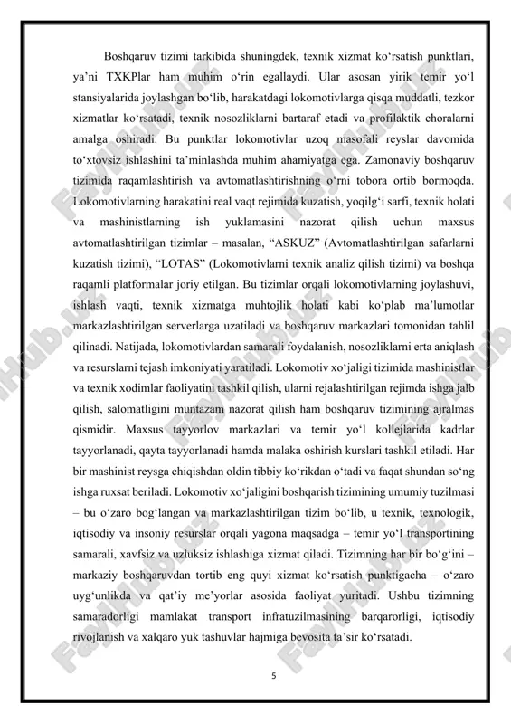 tirilgan tizim bo‘lib, u texnik, texnologik, iqtisodiy va insoniy resurslar orqali yagona maqsadga – temir yo‘l transportining samarali, xavfsiz va uzluksiz ishlashiga xizmat qiladi. tizimning har bir bo‘g‘ini – markaziy boshqaruvdan tortib eng quyi xizmat ko‘rsatish punktigacha – o‘zaro uyg‘unlikda va qat’iy me’yorlar asosida faoliyat yuritadi. ushbu tizimning samaradorligi mamlakat transport infratuzilmasining barqarorligi, iqtisodiy rivojlanish va xalqaro yuk tashuvlar hajmiga bevosita ta’sir ko‘rsatadi. lokomotiv xo‘jaligi boshqaruv tizimining samarali ishlashi ko‘p jihatdan tuzilmaviy birliklar o‘rtasidagi uzluksiz axborot almashinuvi, qat’iy texnik intizom va normativ hujjatlarning to‘g‘ri bajarilishiga bog‘liq. bunda boshqaruvning ikki asosiy darajasi – markaziy (strategik) va joylardagi (operativ) pog‘onalar o‘zaro uyg‘un holda faoliyat olib boradi. markaziy darajadagi boshqaruv, ya’ni “o‘zbekiston temir yo‘llari” aj lokomotiv xo‘jaligi bilan bog‘liq barcha strategik qarorlarni qabul qiladi, resurslar taqsimotini belgilaydi, texnik siyosatni ishlab chiqadi va yirik investitsion loyihalarni amalga oshiradi. masalan, oxirgi yillarda yangi rusumdagi energiya tejamkor lokomotivlar – “o'zel”, “tem11a”, “evolution” singari modellarni xarid qilish …