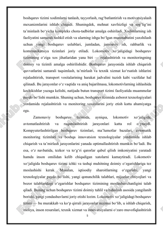 buning uchun boshqaruv tizimi doimiy tahlil va baholash asosida yangilanib borishi, yangi yondashuvlarni joriy etishi lozim. lokomotiv xo‘jaligidagi boshqaruv tizimi — bu murakkab va ko‘p qirrali jarayonlar majmui bo‘lib, u ishlab chiqarish, moliya, inson resurslari, texnik xizmat va innovatsiyalarni o‘zaro muvofiqlashtirish orqali korxonaning umumiy samaradorligini ta’minlaydi. ushbu tizimning muvaffaqiyati esa zamonaviy boshqaruv yondashuvlari, texnologik yangiliklar va malakali kadrlarning birlashgan samarali faoliyatiga bog‘liqdir. 2.lokomotiv xo‘jaligida zamonaviy boshqaruv yondashuvlarini joriy etish lokomotiv xo‘jaligida zamonaviy boshqaruv yondashuvlarini joriy etish jarayoni korxonaning samaradorligini oshirish, resurslarni optimal taqsimlash, ishlab chiqarish jarayonlarini avtomatlashtirish va yangilash, shuningdek, raqobatbardoshlikni mustahkamlashga qaratilgan kompleks choralar majmuasini o‘z ichiga oladi. bu jarayon an’anaviy boshqaruv usullaridan farqli o‘laroq, yangi texnologiyalar va innovatsiyalarni tizimli ravishda tadbiq etishni, xodimlarni boshqarish va motivatsiyalashda yangi metodlarni qo‘llashni, hamda qaror qabul qilish jarayonlarini raqamlashtirishni talab qiladi. zamonaviy boshqaruv yondashuvlarini joriy etish uchun korxona faoliyatini chuqur tahlil qilish, mavjud jarayonlarning zaif va kuchli tomonlarini aniqlash zarur. buning uchun …