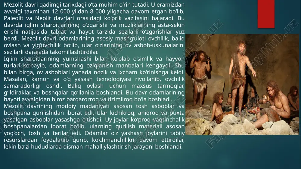 an makonlar nomlari bilan atalgan. azil davri tosh qurollarining asosiy xususiyatlaridan biri - mikrolit qurollarning yasalishidir (yunoncha mikros-kichik). ular asosan o‘q uchi vazifasini bajargan. ularning ko‘pchiligi tol bargiga o‘xshash boʼlgan. e’tiboringiz uchun rahmat 1 tayyorladilar: quramboyev behzod odilbek o'g'li oqboʻtayev dilshod mo'minov jaloliddin qo'chqorov burxon olimov umidjon image6.png image7.png image8.png image9.png image10.png image11.png image12.png image13.jpeg image14.png image15.jpeg image16.jpeg image17.png image19.png image20.png image1.png image2.png image3.png image4.png /docprops/thumbnail.jpeg