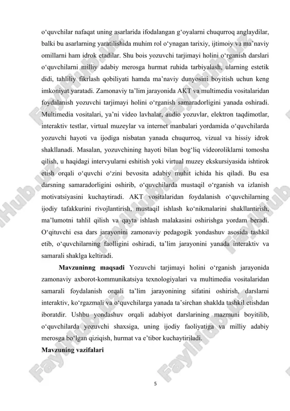 taqdimotlar, virtual ekskursiyalar, onlayn manbalar orqali o‘quvchilarning bilimini boyitish usullarini tahlil qilish; · akt vositalarining o‘quvchilarda mustaqil fikrlash, tahlil qilish va badiiy-estetik tafakkurni rivojlantirishdagi o‘rnini aniqlash; · yozuvchi tarjimayi holini o‘rganish jarayonida ijodiy yondashuv va innovatsion metodlardan foydalanish bo‘yicha amaliy tavsiyalar ishlab chiqish; mavzuning obyekti:yozuvchi tarjimayi holini o‘rganish jarayoni va uni ta’lim tizimida samarali tashkil etish yo‘llari. mavzuning predmeti: yozuvchi tarjimayi holini o‘rgatishda axborot-kommunikatsiya texnologiyalari (akt) va multimedia vositalaridan foydalanishning shakl, metod hamda vositalari. ushbu kurs ishining tarkibiy tuzilishi kirish, ikki asosiy bob 5 paragraf, xulosa va foydalanilgan adabiyotlar ro‘yxatidan iborat. i bob yozuvchi tarjimayi holini o‘rganishning ilmiy-nazariy va metodik asoslari 1.1. yozuvchi tarjimayi holi tushunchasi va uni o‘rganishning ahamiyati bugungi kunda ta’lim jarayonida yozuvchi tarjimayi holini o‘rganish zamonaviy axborot-kommunikatsiya texnologiyalari yordamida yanada samarali yo‘lga qo‘yilmoqda. multimedia vositalari orqali yozuvchining hayoti haqida video lavhalar, fotogalereyalar, hujjatli filmlar, interaktiv xaritalar va taqdimotlardan foydalanish o‘quvchilarning e’tiborini jalb etadi hamda mavzuni yanada jonli, …