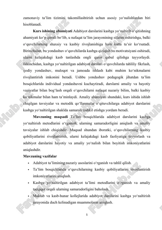 al faoliyati yoki asardagi qahramonning ish jarayoni tahlil qilinadi va o‘quvchilar ushbu jarayonlarni ijodiy tarzda bajaradi. bu usul o‘quvchilarda analitik fikrlash, muammoni hal qilish va ijodiy yondashuv ko‘nikmalarini shakllantiradi. muomala va munozara metodlari kasbga yo‘naltirish jarayonida muhim ahamiyat kasb etadi. darslarda o‘quvchilar guruhlarga bo‘linib, turli kasblar bilan bog‘liq mavzularni muhokama qiladilar, rol o‘yinlari orqali o‘zaro fikr almashadilar va muammoni hal qilish bo‘yicha qarorlar qabul qiladilar. shu yo‘l bilan o‘quvchilar kasbga oid kompetensiyalarni amalda sinab ko‘rish imkoniga ega bo‘ladilar va ularning kasbga qiziqishi oshadi. interaktiv metodlar va multimedia vositalari kasbga yo‘naltirilgan adabiyot darslarida samarali qo‘llaniladi. video materiallar, elektron resurslar, onlayn viktorinalar va taqdimotlar orqali o‘quvchilar o‘rgangan bilimlarini amaliyotga tadbiq etadi. bu metodika o‘quvchilarning darsga qiziqishini oshiradi va ularning kasbiy qobiliyatlarini rivojlantirishda muhim vosita hisoblanadi. individual yondashuv va differensial metodlar kasbga yo‘naltirilgan adabiyot ta’limining ajralmas qismi hisoblanadi. har bir o‘quvchining qobiliyati, bilim darajasi va kasbiy qiziqishi hisobga olinadi. ba’zi o‘quvchilar ijodiy yozuvlar …