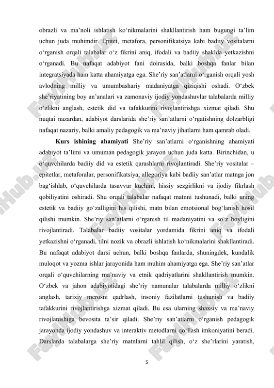 arga boy bo‘ladi. ritm, ohang va qafiya kabi elementlar she’riyatni tinglash va yodlashni osonlashtiradi, matnga musiqiy va estetik ohang bag‘ishlaydi. ikkinchidan, she’riyat adabiyotning tarbiyaviy funksiyasini ham bajaradi. o‘zbek va jahon adabiyotidagi she’riy asarlar o‘quvchilarda ma’naviy va etnik qadriyatlarni rivojlantiradi, insoniy fazilatlarni anglashga yordam beradi. milliy she’riyat namunalarida ona tilini sevish, tarixiy merosni qadrlash va o‘zligimizni anglashi aks etadi. shu nuqtai nazardan, she’riyat o‘quvchining shaxsiy va ma’naviy rivojlanishida muhim vosita hisoblanadi. uchinchidan, she’riyat adabiyotning intellektual funksiyasini ham amalga oshiradi. talabalar she’riy matnlarni o‘rganish jarayonida tahlil qilish, taqqoslash va interpretatsiya qilish orqali tanqidiy fikrlash, fikrni izchil va mantiqiy ifodalash ko‘nikmalarini shakllantiradi, bu esa nafaqat adabiyot fanida, balki boshqa fanlar va hayotiy vaziyatlarda ham foydali bo‘ladi. shuningdek, she’riyatning zamonaviy ta’limdagi o‘rni o‘quvchilarning ijodiy qobiliyatini rivojlantirish, interaktiv darslarni tashkil etish va talabalarda mustaqil ijodiy faoliyatni rag‘batlantirish imkoniyatini beradi. darslarda she’riy san’atlarni o‘rgatish orqali talabalar o‘z she’rlarini yaratadi, matnlarni tahlil qiladi, guruh ishlari va muhokamalar …