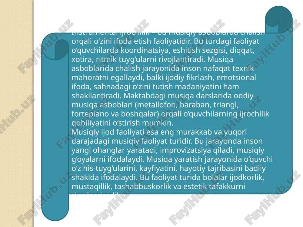 lanadi. bu jarayon ularni nafaqat musiqiy jihatdan, balki ruhiy va axloqiy tomondan ham kamol toptiradi. musiqa insonda mehr, ezgulik, go‘zallik va totuvlik tuyg‘ularini uyg‘otadi. shu sababli, musiqiy faoliyatni shunchaki dars yoki mashg‘ulot sifatida emas, balki shaxsni tarbiyalashning muhim vositasi sifatida ko‘rish lozim. xulosa xulosa qilib aytganda, musiqiy faoliyat turlari — bu insonning musiqaga bo‘lgan ehtiyojini, estetik hissiyotlarini va ijodkorlik salohiyatini ifoda etuvchi ko‘p qirrali jarayonlardir. qo‘shiq kuylash, tinglash, chalish, tahlil qilish va ijod qilish orqali inson musiqiy madaniyatga ega bo‘ladi, ma’naviy jihatdan o‘sadi, estetik zavq oladi. musiqa ta’limida ushbu faoliyat turlarini uyg‘unlashtirib olib borish, zamonaviy texnologiyalarni qo‘llash va milliy qadriyatlarni singdirish orqali musiqiy tarbiya jarayonining samaradorligini oshirish mumkin. musiqa insonni nafaqat san’atga, balki hayotga muhabbat ruhida tarbiyalaydi, unga ruhiy yengillik, go‘zallikni his etish, mehr va bag‘rikenglikni anglash imkonini beradi. e’tiboringiz uchun rahmat image2.jpeg image3.jpeg image4.jpeg image5.jpeg image6.jpeg image7.jpeg image8.jpeg image9.jpeg image10.jpeg image11.jpeg image12.jpeg image13.jpeg image14.jpeg image15.jpeg /docprops/thumbnail.jpeg