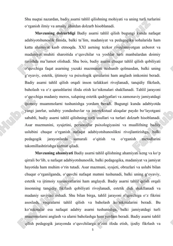 poetik, dramatik va psixologik effektlarini his qilish imkonini beradi. [1: karimov, a. “badiy tahlil metodlari va ularning zamonaviy usullari”, monografiya, toshkent, 2019.] badiy asarni tahlil qilish orqali o‘quvchi yoki tadqiqotchi asardagi ijtimoiy, tarixiy va madaniy kontekstni tushunadi. bu esa asarni o‘qish jarayonini nafaqat estetik, balki ma’naviy va intellektual rivojlanishga ham yo‘naltiradi. badiy asarni tahlil qilishning ahamiyati shundaki, u o‘quvchi va tadqiqotchiga zamonaviy jamiyatda yuzaga kelayotgan ijtimoiy, axloqiy va madaniy muammolarni badiiy asarlar orqali anglash imkoniyatini beradi. badiy asarni tahlil qilishning muhim jihatlaridan biri ham shundaki, u adabiy tafakkur asoslarini shakllantirishga yordam beradi. tahlil jarayoni orqali o‘quvchi asarni faqat o‘qibgina qolmay, uning tarkibiy va stilistik jihatlarini aniqlab, personajlar va voqealarni tanqidiy nuqtai nazardan baholashni o‘rganadi. shu bilan birga, badiy asarni tahlil qilishning mohiyati shundaki, u o‘quvchi yoki tadqiqotchiga asardagi g‘oyaviy qarama-qarshiliklarni, muallifning ijtimoiy va estetik qarashlarini va insoniy qadriyatlarni chuqur anglash imkonini beradi. badiy asarni tahlil qilishning mohiyati — bu adabiy …