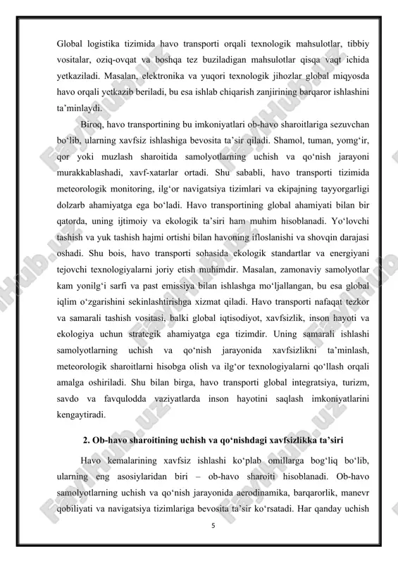 inson hayotini saqlash imkoniyatlarini kengaytiradi. 2. ob-havo sharoitining uchish va qo‘nishdagi xavfsizlikka ta’siri havo kemalarining xavfsiz ishlashi ko‘plab omillarga bog‘liq bo‘lib, ularning eng asosiylaridan biri – ob-havo sharoiti hisoblanadi. ob-havo samolyotlarning uchish va qo‘nish jarayonida aerodinamika, barqarorlik, manevr qobiliyati va navigatsiya tizimlariga bevosita ta’sir ko‘rsatadi. har qanday uchish yoki qo‘nishdan oldin meteorologik sharoitlarni aniqlash va baholash muhim ahamiyatga ega. shamol havo kemasining uchish va qo‘nishidagi xavf omillaridan biri hisoblanadi. shamolning tezligi va yo‘nalishi samolyotning barqarorligini sezilarli darajada o‘zgartiradi. masalan, kuchli qarama-qarshi shamol samolyotning qo‘nish masofasini qisqartiradi, ammo yon shamol esa samolyotni yo‘naltirishni qiyinlashtiradi va parvoz vaqtida ekipaj uchun qo‘shimcha xavf yaratadi. turbulensiya – havo oqimlarining keskin o‘zgarishi – samolyotning barqarorligini buzadi, ayniqsa yengil va o‘rta yukli samolyotlar uchun xavfli hisoblanadi. ko‘rinish sharoiti ham havo kemalari xavfsizligiga sezilarli ta’sir ko‘rsatadi. tuman, chang-to‘zon yoki qor yog‘ishi samolyotning vizual navigatsiyasini cheklaydi va pilotni instrumentlar orqali boshqarishga majbur qiladi. past ko‘rinish sharoitida qo‘nish jarayoni …