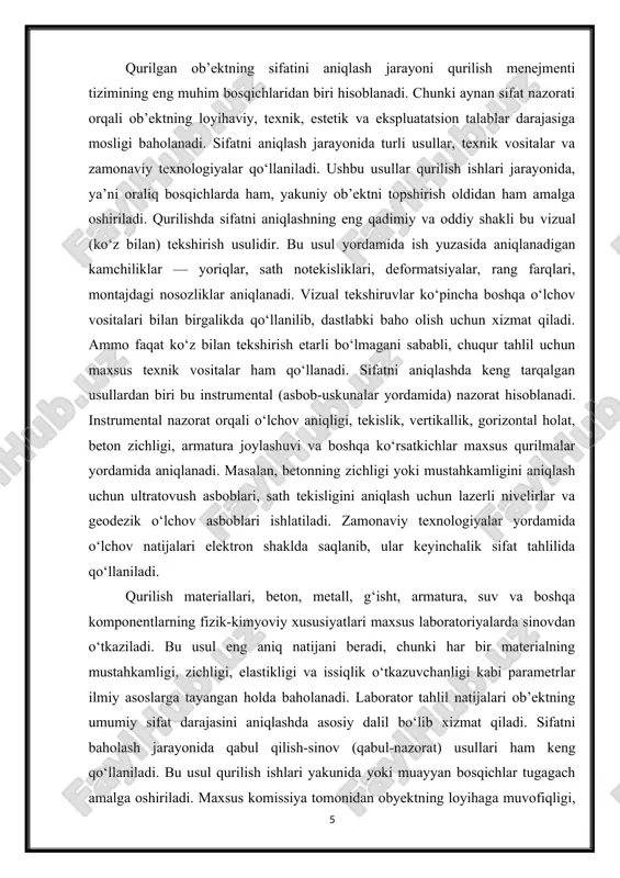 tkazuvchanligi kabi parametrlar ilmiy asoslarga tayangan holda baholanadi. laborator tahlil natijalari ob’ektning umumiy sifat darajasini aniqlashda asosiy dalil bo‘lib xizmat qiladi. sifatni baholash jarayonida qabul qilish-sinov (qabul-nazorat) usullari ham keng qo‘llaniladi. bu usul qurilish ishlari yakunida yoki muayyan bosqichlar tugagach amalga oshiriladi. maxsus komissiya tomonidan obyektning loyihaga muvofiqligi, texnik hujjatlar to‘g‘riligi, foydalanilgan materiallarning sertifikatlari, sinov natijalari va boshqa hujjatlar tekshiriladi. shundan so‘ng ob’ekt foydalanishga ruxsat etiladi yoki aniqlangan kamchiliklar bartaraf etish uchun qaytariladi. so‘nggi yillarda sifatni aniqlashda raqamli va avtomatlashtirilgan vositalar tobora keng joriy qilinmoqda. masalan, dronlar yordamida vizual monitoring ob’ektning yuqori yoki murakkab joylarini xavfsiz tarzda tekshirish imkonini beradi. dronlar yuqori aniqlikdagi surat va videolarni olish orqali nazoratni osonlashtiradi. lazerli skanerlash texnologiyasi esa obyektning 3d modelini yaratish orqali eng kichik og‘ishlarni ham aniqlash imkonini beradi. shu tarzda real o‘lchovlar bilan loyiha o‘lchovlari taqqoslanadi va sifat darajasi aniq baholanadi. 2-rasm zamonaviy qurilishda bim (building information modeling) texnologiyasi keng qo‘llanilmoqda. bu …