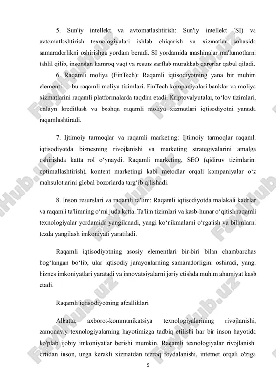 izlikni yuqolishi. bular raqamli iqtisodiyotning bor yo'gi bir nechta afzalliklari holos. raqamli iqtisodiyotning rivojlanishi bizning kundalik hayotimizga ijobiy ta'sir qiladi, oddiy foydalanuvchiga ko'plab qo'shimcha imkoniyatlar beradi va qolaversa, bozorni o'sishi va rivojlanishini ta'minlab berishi mumkin. raqamli iqtisodiyotning mohiyati va faoliyat mexanizmi quyidagi asosiy jihatlar orqali namoyon bo‘ladi: 1. axborot resurslarining iqtisodiy qadriyatga aylanishi. raqamli iqtisodiyotda eng muhim boylik bu – ma’lumotdir. tashkilotlar va kompaniyalar turli platformalar orqali foydalanuvchilar haqida axborot yig‘ib, bu ma’lumotlar asosida tahlillar o‘tkazadi, strategiyalar ishlab chiqadi va bozordagi ustunlikni qo‘lga kiritadi. katta hajmdagi ma’lumotlarni tahlil qilish orqali kompaniyalar xaridor istaklarini aniqlaydi, xizmat sifatini oshiradi, ishlab chiqarish tannarxini kamaytiradi va samaradorlikka erishadi. 2. texnologik infratuzilmaning muhimligi. yuqori tezlikdagi internet, zamonaviy server tizimlari, mobil qurilmalar, dasturiy mahsulotlar va sun’iy intellekt tizimlari raqamli iqtisodiyotning asosi hisoblanadi. bu infratuzilma orqali kompaniyalar masofadan ishlash, real vaqt rejimida axborot almashish, mijozlar bilan uzluksiz muloqot qilish imkoniyatiga ega bo‘lmoqda. 3. elektron tijorat va raqamli …