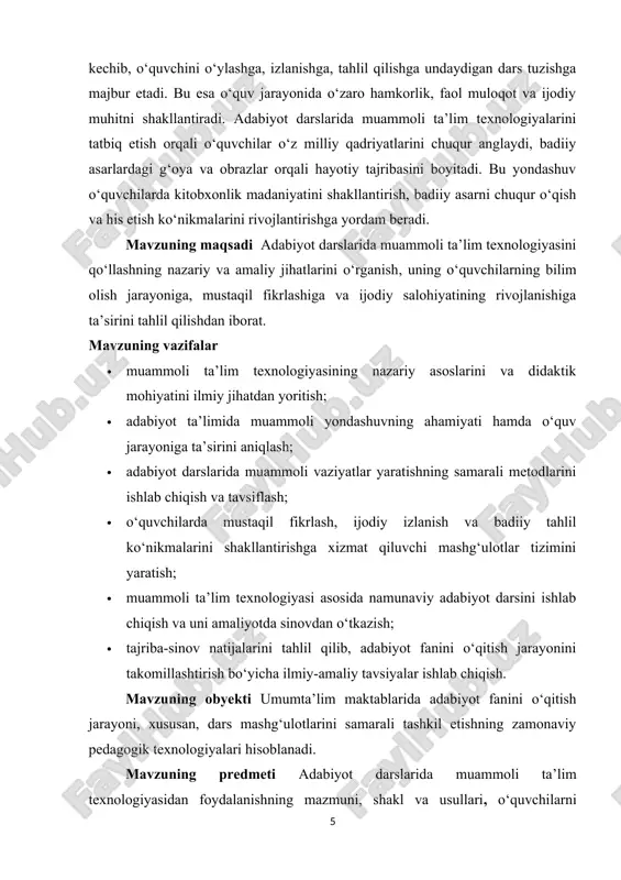 hilarni fikrlash jarayoniga faol jalb etish, ularni o‘z bilim va tajribasiga asoslanib, yangi bilimni mustaqil ravishda kashf etishga yo‘naltirishni nazarda tutadi. muammoli ta’lim g‘oyasi pedagogika faniga xx asrning o‘rtalarida kirib kelgan bo‘lib, u j. dyui, l.s. vygotskiy, m.i. makhmutov, t.v. kudryavsev, i.ya. lerner kabi olimlarning ilmiy izlanishlarida chuqur nazariy asoslangan. ularning fikricha, o‘quvchi bilimni tayyor shaklda emas, balki muammoni yechish jarayonida faol bilish faoliyati orqali egallasa, u yanada mustahkam va ongli o‘zlashtiriladi. muammoli ta’limning mohiyati shundan iboratki, o‘qituvchi dars jarayonida o‘quvchi uchun qiziqarli, ammo darhol javobi topilmaydigan muammoli savol yoki vaziyat yaratadi. bu savol o‘quvchida tafakkur faolligini kuchaytiradi, bilishga bo‘lgan ehtiyojni uyg‘otadi. o‘quvchi o‘z bilimi, kuzatuvlari, tahlil va solishtirish natijasida muammoning yechimini topishga harakat qiladi. bu jarayonda o‘qituvchi rahbarlik va yo‘naltiruvchilik rolini bajaradi, lekin tayyor javobni bermaydi. didaktik nuqtayi nazardan muammoli ta’lim — bu o‘quvchilarning bilish faoliyatini ongli, faol va izlanish xarakteriga ega qiluvchi o‘qitish tizimidir. u o‘quvchi faoliyatining uch …