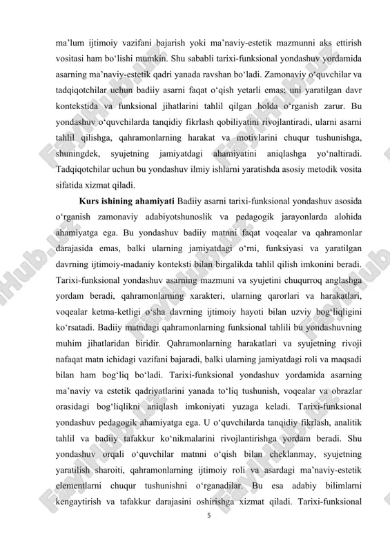 n bog‘liqligi, qahramonlarning obrazlari va syujetning rivoji o‘rganiladi. badiiy asarlarni o‘rganish jarayonida ular jamiyatdagi rol va funksiyasi nuqtai nazaridan ham tahlil qilinadi, ya’ni ob’ekt sifatida asarning keng ijtimoiy, madaniy va estetik konteksti hisobga olinadi. mavzuning predmeti badiiy asarlarni tarixi-funksional yondashuv asosida o‘rganish metodlari, usullari va ularning ilmiy hamda pedagogik ahamiyatidir. predmet doirasida asarning syujet chizig‘i, qahramonlarning xarakteri, ularning harakatlari va qarorlarining tarixiy va ijtimoiy kontekst bilan uzviy bog‘liqligi tahlil qilinadi. shu tarzda predmet nafaqat matn ichidagi voqealarni, balki ularning funksional va ijtimoiy ahamiyatini o‘rganishga qaratilgan bo‘ladi. ushbu kurs ishining tarkibiy tuzilishi kirish, ikki asosiy bob 4 paragraf, xulosa va foydalanilgan adabiyotlar ro‘yxatidan iborat. i bob badiiy asarda tarixiy kontekstning roli 1.1 asar yaratilgan davrning ijtimoiy-siyosiy sharoitlari badiiy asarning mazmuni va syujetini to‘liq tushunish uchun uni yaratilgan davrning ijtimoiy va siyosiy sharoitlari bilan bog‘liq kontekstda o‘rganish muhim ahamiyatga ega. har bir asar nafaqat muallifning shaxsiy dunyoqarashi va ijodiy qarashlarini aks ettiradi, …