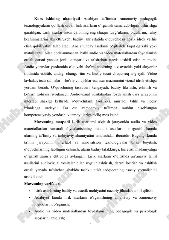 i shoir o‘z qalbining eng samimiy tuyg‘ularini so‘zga, ohangga, obrazga singdiradi. lirik asarning asosiy xususiyati shundaki, unda voqealar ketma-ketligi emas, balki shoirning ichki olami, kayfiyati, hislari tasvirlanadi. lirik asarda subyektivlik kuchli bo‘lib, muallifning shaxsiy munosabati, kechinmasi, fikr va hissiy holati markazda turadi. lirik asarlar asosan qisqa shaklda bo‘lib, unda muhim hayotiy voqea emas, balki shu voqeaga bo‘lgan insoniy munosabat, tuyg‘u va fikr ifoda etiladi. shu sababdan lirika o‘quvchidan ham chuqur his etish, obrazlar ortidagi ruhiy mazmunni anglashni talab qiladi. lirik asarda badiiy tilning ifodaviyligi, musiqiyligi, ritm va qofiyaning uyg‘unligi muhim o‘rin tutadi. she’riy shakl lirikaning tabiiy ifoda vositasidir, chunki u inson hislarining ohangdorligini, tovushlar uyg‘unligini, tuyg‘ularning o‘zgaruvchanligini badiiy tarzda ifodalaydi.[footnoteref:2] [2: hakimova d. “audio va video materiallarning ta’limdagi roli”. // ta’lim va tarbiya jurnali. – 2020. – №4.] lirik asarlarning eng muhim badiiy xususiyatlaridan biri – obrazlilikdir. shoir inson qalbini, tabiat manzaralarini, muhabbat, dard, sog‘inch, shodlik kabi tuyg‘ularni obrazlar orqali …