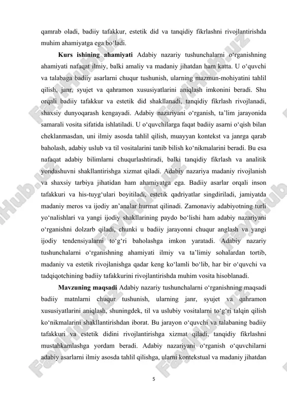 ari, matnni formalistik, strukturalistik, semiotik va psixologik jihatdan tahlil qilish imkoniyatlarini o‘rganish · badiiy asarlarni talqin qilish usullari, estetik va sotsiologik tahlil yondashuvlarini qo‘llash · adabiy nazariy tushunchalarni dars va tadqiqot jarayonida amaliy qo‘llash, o‘quvchilarda tanqidiy fikrlash va badiiy didni rivojlantirish mavzuning obyekti adabiy nazariy tushunchalarni o‘rganishning obyekti sifatida adabiyot, uning badiiy matnlari, janrlari, syujet va qahramon tizimlari, va uslubiy vositalar orqali ifodalanadigan estetik va badiiy jarayonlar hisoblanadi. adabiy jarayonning umumiy mohiyati, uning shakli va mazmuni, badiiy asarlarni yaratish va talqin qilish bilan bog‘liq barcha jihatlarni o‘z ichiga oladi. mavzuning predmeti adabiy nazariy tushunchalar, ularning ilmiy ta’riflari, metodologik asoslari, janr, syujet va qahramon tizimlari, shuningdek, til va uslubiy vositalarni o‘rganish va tahlil qilish jarayoni qamrab olinadi. adabiy matnni ilmiy asosda talqin qilish, adabiy nazariya metodlari va yondashuvlarini amaliyotda qo‘llash, o‘quvchilarda badiiy tafakkur, tanqidiy fikrlash va estetik didni rivojlantirish bilan bog‘liq masalalarni o‘z ichiga oladi. ushbu kurs ishining tarkibiy tuzilishi kirish, …