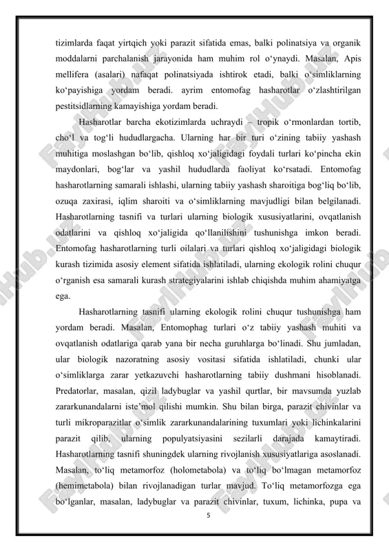 larning tasnifi shuningdek ularning rivojlanish xususiyatlariga asoslanadi. masalan, to‘liq metamorfoz (holometabola) va to‘liq bo‘lmagan metamorfoz (hemimetabola) bilan rivojlanadigan turlar mavjud. to‘liq metamorfozga ega bo‘lganlar, masalan, ladybuglar va parazit chivinlar, tuxum, lichinka, pupa va yetuk shakl bosqichlaridan o‘tadi, bu esa ularning populyatsiyasini nazorat qilishda muhim strategik nuqtadir. to‘liq bo‘lmagan metamorfozga ega bo‘lganlar esa, masalan, o‘rta va ba’zi bedana turlari, tuxum, nimfa va yetuk bosqichdan o‘tadi. bu farqlar biologik kurashni rejalashtirishda hisobga olinadi, chunki turli bosqichlarda hasharotlar turli darajada zarar yetkazadi yoki foydali bo‘ladi. hasharotlarning ekologik taqsimoti va yashash joylari ularning turli turlarini ajratishga yordam beradi. tropik va subtropik hududlarda hasharotlarning biologik xilma-xilligi eng yuqori bo‘lib, bu hududlarda foydali entomofag turlar ko‘p uchraydi. masalan, janubi-sharqiy osiyo va afrika mintaqalarida chrysopidae va coccinellidae oilalarining ko‘plab turlari mavjud bo‘lib, ular tabiiy dushman sifatida faoliyat ko‘rsatadi. shu bilan birga, temperate hududlarda esa trichogramma turkumidagi parazitlar keng tarqalgan va ular sabzavot va ekin maydonlarida zarar yetkazuvchi …