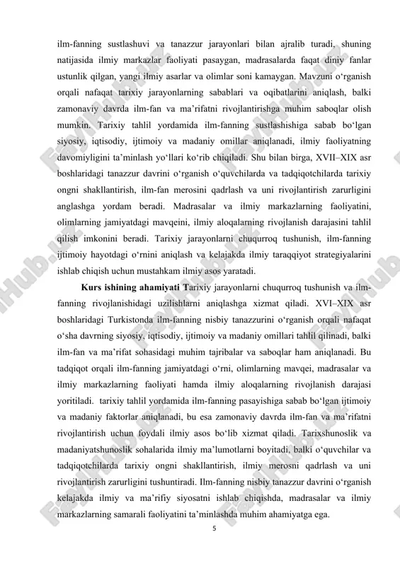 gan bo‘lib, u o‘z ichiga diniy fanlar, falsafa, tibbiyot, astronomiya, matematika va adabiyot kabi sohalarni oladi. x asr va undan keyingi davrlarda turkistonda ilmiy markazlar – madrasalar va kutubxonalar faoliyati yuksak rivojlangan. samarqand, buxoro va qo‘qon kabi shaharlar ilm-fan markazlari sifatida tanilgan bo‘lib, u yerda bilim olish va ilmiy ijod bilan shug‘ullanish imkoniyatlari mavjud edi. ayniqsa, buxoro va samarqanddagi madrasalarda nafaqat diniy fanlar, balki tabiiy fanlar, astronomiya va matematikaga oid ma’lumotlar ham o‘rgatilgan. shu bilan birga, ushbu madrasalar va kutubxonalar markaziy osiyo hududida ilmiy merosni avlodlarga yetkazishda muhim rol o‘ynagan. tarixiy manbalarga ko‘ra, turkistonda ilm-fanning rivojlanishida islom dini va ilmiy tafakkur o‘rtasidagi uyg‘unlik muhim ahamiyatga ega bo‘lgan. madrasalarda fiqh, tafsir, hadis kabi diniy fanlar bilan bir qatorda, tibbiyot, algebra, geometriya va astronomiyaga oid darslar ham o‘tilgan. bu esa mintaqada ilmiy fikrlash va tajriba asosida bilim olish an’analarining shakllanishiga xizmat qilgan. ilm-fanning rivojlanishida savdo yo‘llari va madaniy almashinuv ham katta rol …