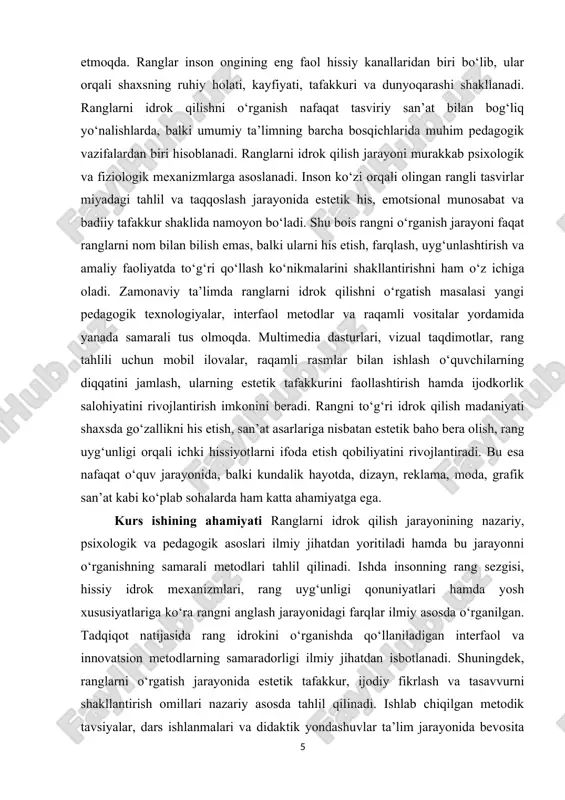 k did, ijodkorlik va tasavvur madaniyatini rivojlantirishga xizmat qiluvchi ta’limiy jarayonni takomillashtirish maqsad qilingan. kurs ishining vazifalari – ranglarni idrok qilishning nazariy va psixologik asoslarini chuqur o‘rganish; – rang sezgisi va rang uyg‘unligi qonuniyatlarini ilmiy jihatdan tahlil qilish; – o‘quvchilarda rang idrokini shakllantirishda yosh xususiyatlarini hisobga olish zarurligini aniqlash; – ranglarni o‘rgatishda qo‘llaniladigan an’anaviy va innovatsion metodlarni o‘rganish; – interfaol texnologiyalar yordamida rang idrokini rivojlantirish usullarini tahlil qilish; mavzuning obyekti: oila doirasida sodir etiladigan jinoyatlar, ularning ijtimoiy-huquqiy xususiyatlari va ularni keltirib chiqaruvchi omillar. mavzuning predmeti: oila doirasida sodir etiladigan jinoyatlarning sabablari, shart-sharoitlari hamda ularni oldini olishga qaratilgan huquqiy va ijtimoiy mexanizmlar tizimi. kurs ishining tarkibiy tuzilishi kirish ikki asosiy bob 5 paragraf xulosa va foydalanilgan adabiyotlardan iborat. i bob. ranglarni idrok qilishning nazariy asoslari 1.1 rang tushunchasi, uning tabiati va inson hayotidagi o‘rni rang — bu bizning ko‘zimiz orqali idrok qilinadigan, yorug‘likning turli to‘lqin uzunliklariga bog‘liq holda vujudga keladigan tabiiy …