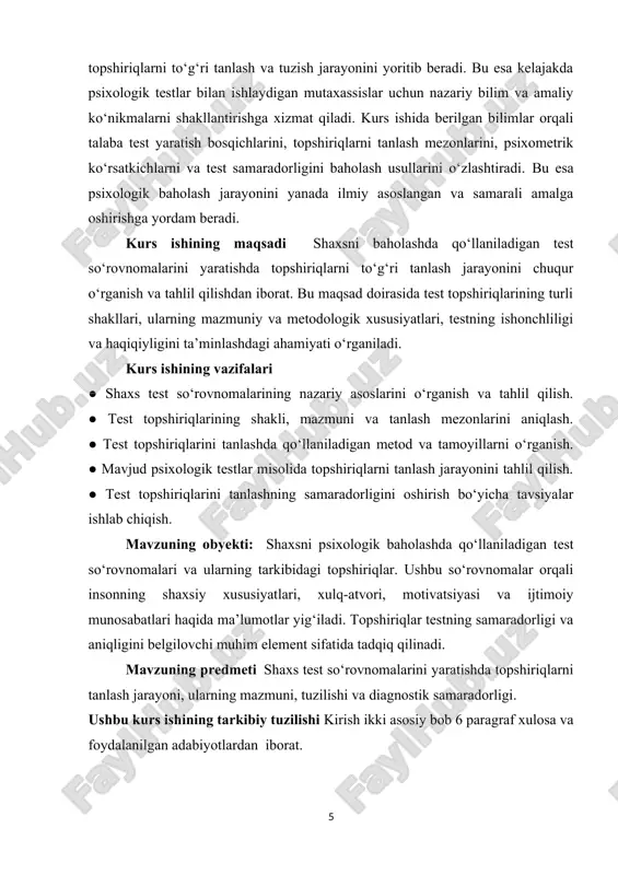 . psixologik testlarning o‘rni shaxsiy va ijtimoiy hayotning turli sohalarida keng tarqalgan. ta’lim, kasb tanlash, ishga joylashish, shuningdek, klinik psixologiya va psixoterapiya jarayonlarida testlar shaxsni baholash uchun asosiy diagnostika vositasi sifatida ishlatiladi. bu vositalar shaxsni chuqur tahlil qilishga, uning kuchli va zaif tomonlarini aniqlashga yordam beradi. testlar tizimli va standartlashtirilgan shaklda bo‘lib, ularning natijalari solishtirma tahlil qilishga imkon beradi. bu esa mutaxassisga to‘g‘ri xulosa chiqarish va keyingi tavsiyalar berishda katta yordam beradi. shuningdek, testlarni qo‘llash shaxsga nisbatan adolatli va teng yondashuvni ta’minlaydi, chunki u har bir insonning individual xususiyatlarini hisobga oladi.zamonaviy psixologiyada test usullari shaxsni baholashning ajralmas qismiga aylangan bo‘lib, ularning samaradorligi va ishonchliligini oshirish doimiy ilmiy izlanishlar mavzusidir. shu bois, shaxs test so‘rovnomalarini yaratishda topshiriqlarni to‘g‘ri tanlash va ularning mazmunini aniqlik bilan shakllantirish juda muhimdir. psixologik testlar shaxsni baholash jarayonida bir qancha afzalliklarga ega. ulardan eng muhimi — ularning obyektivligi va standartlashganligi. test topshiriqlari orqali olingan natijalar shaxsning o‘zini …