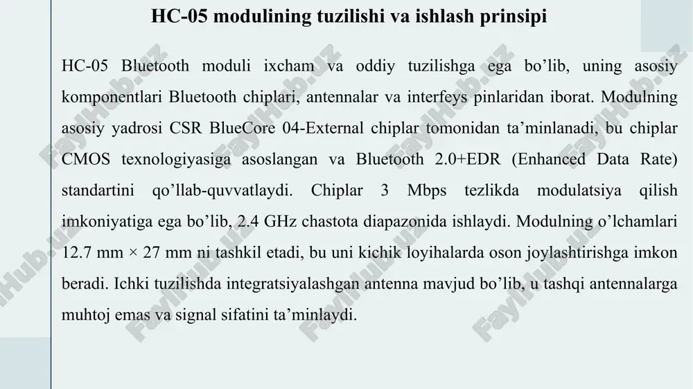 ’plab ustunliklarga ega. birinchi navbatda, o’rnatish jarayonining soddaligi va iqtisodiy samaradorligi alohida e’tiborga loyiq. simli tizimlarda devorlarni buzish, simlarni yashirish va maxsus kabellar sotib olish kabi ishlar katta xarajatlar va vaqt talab qiladi, ayniqsa yangi binolarda yoki mavjud infratuzilmalarni o’zgartirishda. bluetooth tizimlarida esa qurilmalar radio to’lqinlar orqali bog’lanadi, bu o’rnatish xarajatlarini 30-50% ga qisqartiradi. masalan, smart yoritish tizimlarida simli kabellar o’rniga bluetooth modullari ishlatilsa, loyihani amalga oshirish muddati bir necha haftadan bir necha kungacha qisqaradi, chunki hech qanday fizikiy o’zgartirish talab etilmaydi. 18 xulosa bluetooth moduli hc-05 yordamida qurilgan mobil boshqaruv tizimi amaliyotda qulay, arzon va samarali yechim hisoblanadi. ushbu modul orqali mobil telefon yordamida turli elektr qurilmalar, masalan, chiroq, motor yoki eshik tizimlarini masofadan boshqarish mumkin.tadqiqot jarayonida hc-05 modulining ishlash prinsipi, ulanish sxemasi va at-buyruqlar orqali sozlash imkoniyatlari o’rganildi. mobil qurilma bilan o’zaro aloqa bluetooth protokoli asosida amalga oshirilib, ma’lumot almashinuvi tez va barqaror bo’lishi ta’minlandi.kamchiliklari esa masofa cheklanganligi …
