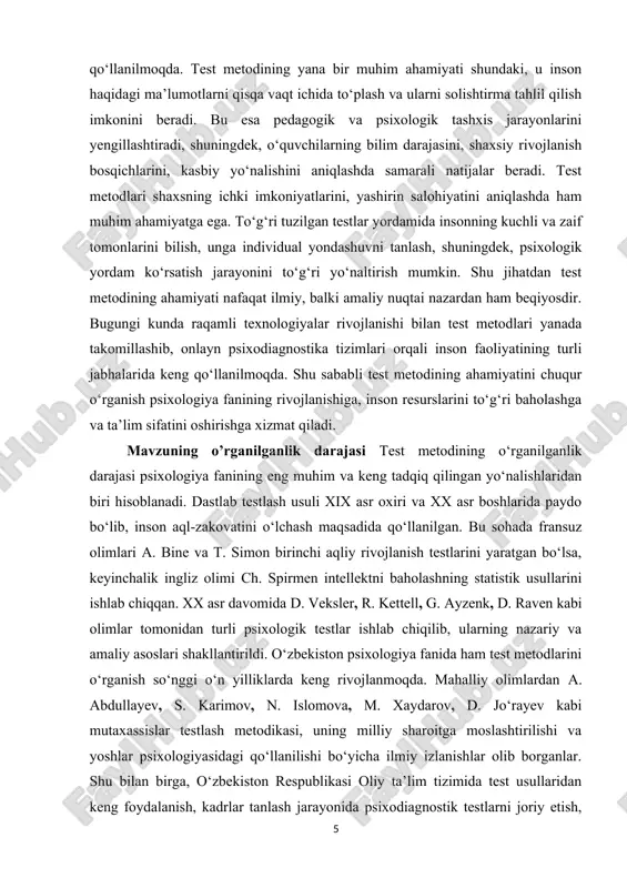 ing ilmiy-nazariy asoslari 1.1 test metodining mohiyati va psixologik mazmuni psixologiyada test metodi inson shaxsini, uning individual-psixologik xususiyatlarini, bilim va ko‘nikmalarini, shuningdek, emotsional hamda intellektual rivojlanish darajasini aniqlashda eng samarali ilmiy-uslubiy vosita hisoblanadi. “test” atamasi ingliz tilidan olingan bo‘lib, “sinov”, “tekshirish” yoki “baholash” ma’nolarini anglatadi. psixologiyada bu metod xix asr oxiri va xx asr boshlarida shakllangan bo‘lib, dastlab fransuz olimi alfred bine tomonidan bolalar intellektini o‘lchash maqsadida ishlab chiqilgan. keyinchalik bu metod lewis terman, charles spearman, david wechsler kabi olimlar tomonidan takomillashtirilib, zamonaviy psixodiagnostika tizimining ajralmas qismiga aylangan. test metodining mohiyati shundan iboratki, u shaxsning psixik xususiyatlarini aniq, qisqa vaqt ichida va obyektiv tarzda o‘lchash imkonini beradi. testlar yordamida insonning qobiliyatlari, xarakteri, temperament turi, shaxsiy motivlari, hissiy holati, stressga bardoshliligi, ijtimoiy moslashuv darajasi kabi ko‘plab jihatlar aniqlanadi. shu bois psixologik testlar nafaqat ilmiy tadqiqotlarda, balki amaliy psixologiyada — kadrlar tanlash, ta’lim tizimi, harbiy soha, tibbiyot, sport va huquqni muhofaza qilish …