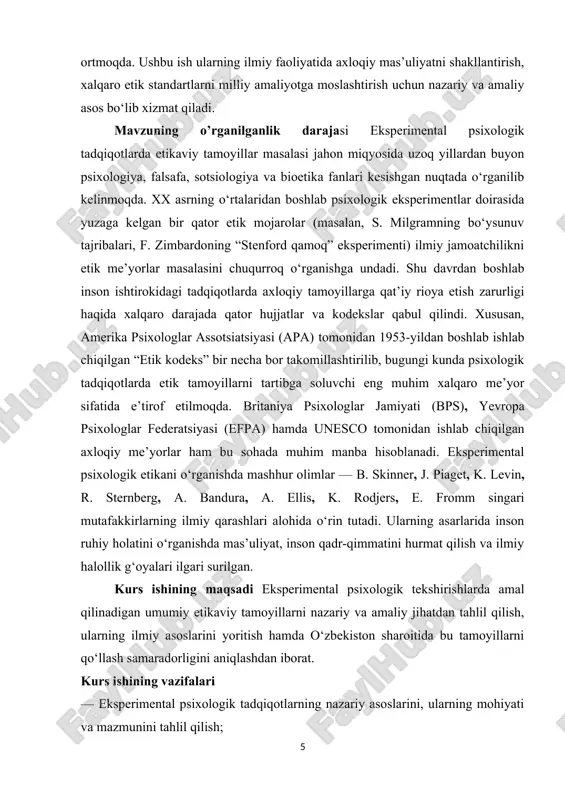 arga amal qilinish holatini o‘rganish; — psixologik tadqiqotlarda ishtirokchilarning roziligi, maxfiyligi va xavfsizligini ta’minlash usullarini ko‘rsatish; — etik tamoyillar buzilgan holatlarning oqibatlarini tahlil qilish va ularni bartaraf etish yo‘llarini aniqlash; mavzuning obyekti eksperimental psixologik tekshirishlar jarayoni, ya’ni inson psixikasini ilmiy eksperimentlar yordamida o‘rganish faoliyati, uning bosqichlari va metodologik yondashuvlari. mavzuning predmeti eksperimental psixologik tekshirishlarda amal qilinadigan umumiy etikaviy tamoyillar, ya’ni tajriba o‘tkazishda inson huquqlarini hurmat qilish, rozilik olish, maxfiylikni ta’minlash, zarar yetkazmaslik va ilmiy halollikka rioya etish me’yorlari. ushbu kurs ishining tarkibiy tuzilishi kirish ikki asosiy bob 6 paragraf xulosa va foydalanilgan adabiyotlardan iborat. i bob. eksperimental psixologik tadqiqotlarning nazariy asoslari 1.1. eksperimental psixologiya tushunchasi, mazmuni va rivojlanish tarixi eksperimental psixologiya — bu psixologiya fanining bir tarmog‘i bo‘lib, inson ruhiy jarayonlarini ilmiy tajriba orqali o‘rganishga qaratilgan yo‘nalishdir. u psixologik hodisalarni faqat kuzatish yoki so‘rov natijasida emas, balki nazorat qilinadigan sharoitda, maxsus ishlab chiqilgan eksperimental usullar yordamida tekshiradi. eksperiment (lotincha experimentum …