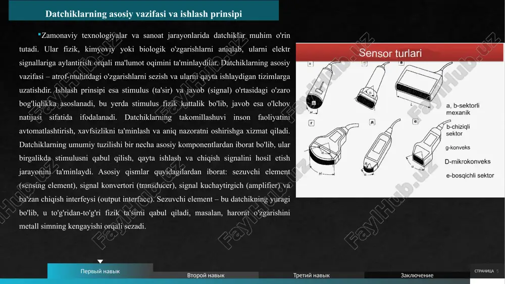 ansport, ekologiya va boshqa sohalarda datchiklarning har xil turlari ustunlik qiladi, bu esa ularning moslashuvchanligini ta'kidlaydi.sanoat sohasida bosim va harorat datchiklari asosiy o'rin tutadi, masalan, neft-kimyo korxonalarida quvurlardagi bosimni monitoring qilish uchun piezoresistiv datchiklar ishlatiladi. bu datchiklar jarayonlarni avtomatlashtirib, xodimlar xavfsizligini oshiradi va energiya sarfini 20-30% ga kamaytiradi. avtomatika sohasida yaqinlik va harakat datchiklari keng tarqalgan, masalan, konveyer tizimlarida induktiv datchiklar ob'ektlarni aniqlaydi va ishlab chiqarish tezligini optimallashtiradi. bu datchiklar plc (dasturlashtiriladigan mantiqiy boshqaruvchilar) bilan integratsiya qilinib, real vaqtda qaror qabul qilishni ta'minlaydi. stranitsa 12 stranitsa 13 datchiklarning qo‘llanilish sohasi va afzalliklari datchiklar zamonaviy texnologiyalarning asosiy qismlaridan biri bo‘lib, ular turli sohalarda samaradorlikni oshirish, xavfsizlikni ta’minlash va jarayonlarni optimallashtirishda muhim rol o‘ynaydi. datchiklarning afzalliklari orasida real vaqt rejimida ma’lumot olish, energiya sarfini kamaytirish va tizimlarning ishonchliligini oshirish kabi jihatlar alohida ajralib turadi. ularning qo‘llanilishi sanoatdan tortib kundalik hayotgacha bo‘lgan keng doirani qamrab oladi, bu esa texnologik taraqqiyotning asosiy omillaridan birini …