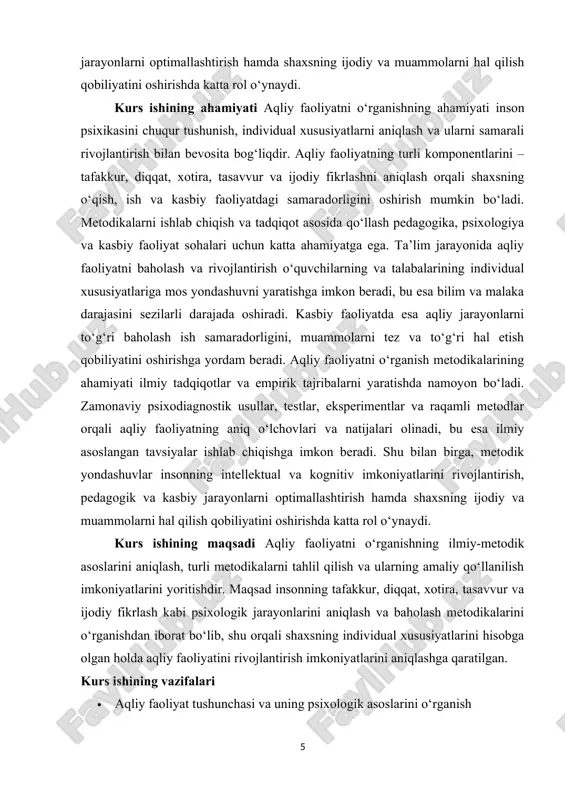 ntirish va monitoring qilish usullarini aniqlash · ilmiy tadqiqot natijalari asosida pedagogik va amaliy tavsiyalar ishlab chiqish mavzuning obyekti: aqliy faoliyatni o‘rganish jarayoni, uning turli psixologik komponentlari va insonning kognitiv imkoniyatlari. mavzuning predmeti: aqliy faoliyatni baholash, o‘lchash va rivojlantirish metodikalarining mohiyati, usullari va amaliy qo‘llanilishi. ushbu kurs ishining tarkibiy tuzilishi kirish ikki asosiy bob 6 paragrafdan xulosa va foydalanilgan adabiyotlardan iborat. i.bob aqliy faoliyatning psixologik asoslari 1.1 aqliy faoliyat tushunchasi va psixologiyadagi o‘rni aqliy faoliyat inson psixikasining eng murakkab va markaziy jarayonlaridan biri bo‘lib, uning asosiy vazifasi shaxsning muammolarni hal qilish, qaror qabul qilish, bilim olish, o‘rganish va ijodiy fikrlash qobiliyatini ta’minlashdan iborat. psixologiya fanida aqliy faoliyat insonning ichki kognitiv jarayonlarini, shu jumladan tafakkur, diqqat, xotira, tasavvur, tahlil va sintez kabi psixologik funksiyalarini o‘rganishga qaratilgan. aqliy faoliyatni o‘rganish shaxsning individual xususiyatlarini aniqlash va uning intellektual salohiyatini rivojlantirish imkonini beradi. psixologik tadqiqotlar shuni ko‘rsatadiki, aqliy faoliyat nafaqat ma’lumotlarni qayta ishlash va …