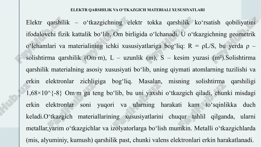 yasining uzluksiz va xavfsiz taqsimlanishini nazorat qilish, nosozliklarni oldini olish va inson hayotiga tahdid soluvchi holatlarni bartaraf etishga xizmat qiladi. elektr himoya vositalari turli xil bo’lib, ularning har biri elektr tizimining o’ziga xos xususiyatlariga mos ravishda tanlanadi. ular orasida sug’urtalar, avtomatlar va termorelelar kabi asosiy elementlar, shuningdek, tok o’tkazuvchi qismlardan himoya qiluvchi vositalar va zamonaviy avtomatik tizimlar mavjud. bu vositalar elektr yuklamalarining ortiqcha ko’payishi, qisqa tutashuvlar yoki boshqa nosozliklar paytida tizimni avtomatik ravishda uzib, zarar ko’rishni minimallashtiradi. elektr himoya vositalarining tanlanishi va o’rnatilishi elektr texnikasi standartlariga muvofiq amalga oshirilishi lozim bo’lib, bu jarayon elektr tarmoqlarining ishonchliligini oshiradi va operatsion xarajatlarni kamaytiradi. sug’urtalar, avtomatlar va termorelelarning ishlash prinsipi sug’urtalar elektr tarmoqlarida eng oddiy va keng tarqalgan himoya vositalaridan biri hisoblanadi. ularning ishlash prinsipi termal effektga asoslangan bo’lib, ortiqcha tok oqimi paytida sug’urta simining erishi orqali zanjirni uzishni ta’minlaydi. sug’urta simi past erish nuqtasiga ega maxsus materialdan (masalan, qo’rg’oshin-antimon qotishmasi yoki kumush) …