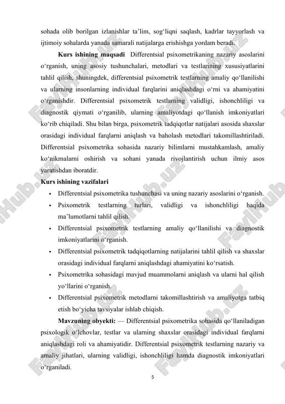 sh va taqqoslashdir. psixometrika so‘zi yunon tilidan kelib chiqqan bo‘lib, “psyche” — ruh va “metron” — o‘lchov degan ma’noni anglatadi. bu fan psixologiya, statistika, matematika va metodologiyaning kesishmasida joylashgan bo‘lib, psixologik testlar, so‘rovnomalar va boshqa o‘lchov vositalarini ishlab chiqish hamda ularni tadqiq etish bilan shug‘ullanadi. psixometrikaning rivojlanishi xix asr oxiri va xx asr boshlariga to‘g‘ri keladi. bu davrda iq testlari, shaxsiyat testlari va boshqa diagnostik vositalar paydo bo‘la boshladi.[footnoteref:1] psixometrikaning asoschilaridan biri sifatida fransis galton, alfred binet, va luis terman kabi olimlarni aytish mumkin. ular insonlarning intellektual qobiliyatlarini o‘lchash uchun birinchi testlarni yaratgan va psixometrik yondashuvni shakllantirishda katta hissa qo‘shganlar. keyinchalik, bu soha rivojlanib, testlarning validligi (haqiqiyligi) va releyabilligi (ishonchliligi) tushunchalari vujudga keldi, bu esa psixometrik vositalarning sifatini ta’minlashda muhim ahamiyatga ega bo‘ldi. [1: anastasi a. “psixologik testlash: nazariya va amaliyot”. – moskva: refl-buk, 2001.] differentsial psixometrika esa aynan shaxslar o‘rtasidagi farqlarni aniqlashga qaratilgan bo‘lib, bu soha insonlarning individual xususiyatlarini, …