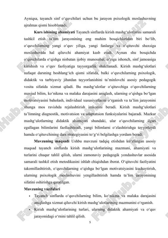 mazkur bosqich o‘quvchilarning shaxsiy, aqliy va ijtimoiy rivojlanishiga bevosita ta’sir ko‘rsatadi. shu sababli tayanch sinflarda olib boriladigan o‘quv-tarbiyaviy jarayon ta’lim tizimining eng muhim va mas’uliyatli davri sanaladi. tayanch sinflarda ta’lim jarayoni o‘quvchining individualligini, qiziqishlarini va psixologik xususiyatlarini hisobga olgan holda tashkil etiladi. bu davrda o‘quvchilar maktab muhitiga moslashadilar, o‘qish faoliyatiga kirishadilar va yangi ijtimoiy rol – “o‘quvchi” maqomini o‘zlashtiradilar.[footnoteref:1] shu bois, pedagogik yondashuvlar, metodik ta’sir vositalari va darsning har bir bosqichi, xususan kirish mashg‘ulotlari o‘quvchini ruhiy va aqliy jihatdan ta’lim jarayoniga tayyorlashga qaratilgan bo‘lishi lozim. [1: hasanboeva o. va boshqalar. pedagogika nazariyasi va tarixi. — t.: fan va texnologiya, 2018.] pedagogik nuqtai nazardan, tayanch sinf o‘qituvchisining asosiy vazifasi – o‘quvchilarda o‘qishga bo‘lgan ijobiy munosabatni shakllantirish, ularning mustaqil fikrlashini rag‘batlantirish va o‘quv faoliyatini tizimli yo‘lga qo‘yishdan iborat. aynan shu davrda bola o‘zining o‘rganish strategiyasini, diqqatni jamlash, eslab qolish va mantiqiy tahlil qilish ko‘nikmalarini rivojlantira boshlaydi. tayanch sinflarning pedagogik ahamiyati shundaki, bu …