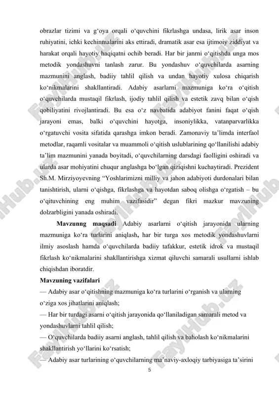 ladigan metod va usullardir. ushbu kurs ishining tarkibiy tuzilishi kirish, ikki asosiy bob 5 paragraf, xulosa va foydalanilgan adabiyotlar ro‘yxatidan iborat. i bob. adabiy asar o‘qitishning mazmuniga ko‘ra turlari 1.1 adabiy asar tushunchasi va uning ta’lim jarayonidagi o‘rni adabiy asar — bu insonning ichki kechinmalari, hayotiy tajribasi, dunyoqarashi va tuyg‘ularini badiiy shaklda ifoda etuvchi san’at asaridir. u jamiyat hayotining muhim hodisalarini, inson ruhiyatini, axloqiy qadriyatlarini va estetik tuyg‘ularini yoritish orqali o‘quvchini fikrlashga, his etishga, o‘zini va atrofdagi voqelikni anglashga undaydi. adabiy asarlarning asosiy xususiyati — ularning badiiy obrazlilik, estetik ifoda va hayotiylik tamoyillariga tayanishidir. badiiy so‘z orqali inson tabiatining eng nozik jihatlari, hayotiy muammolar, orzu-intilishlar yoritiladi.[footnoteref:1] shu bois adabiy asar nafaqat estetik zavq manbai, balki ma’naviy tarbiya vositasi sifatida ham muhim ahamiyat kasb etadi. ta’lim jarayonida adabiy asar o‘qitishning o‘ziga xos o‘rni bor. adabiyot darslari o‘quvchilarni faqat so‘z boyligini oshirish, matnni tahlil qilishga emas, balki ularning badiiy didini, tafakkurini, ma’naviy …