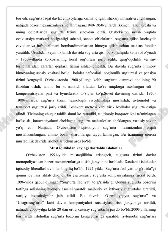 ab chiqildi. bu davrda sug‘urta ijtimoiy himoyaning asosiy vositasi bo‘ldi: bolalar nafaqalari, nogironlik sug‘urtasi va pensiya tizimi kengaydi. o‘zbekistonda 1960-yillarga kelib, sug‘urta qamrovi aholining 90 foizidan oshdi, ammo bu ko‘rsatkich sifatdan ko‘ra miqdorga asoslangan edi – kompensatsiyalar past va byurokratik to‘siqlar ko‘p.sovet davrining oxirida, 1970-1980-yillarda, sug‘urta tizimi texnologik rivojlanishga moslashdi: avtomobil va transport sug‘urtasi joriy etildi, toshkent metrosi kabi yirik loyihalar sug‘urta ostiga olindi. tizimning chuqur tahlili shuni ko‘rsatadiki, u ijtimoiy barqarorlikni ta’minlagan bo‘lsa-da, innovatsiyalarni cheklagan: sug‘urta mahsulotlari cheklangan, xususiy sektor yo‘q edi. natijada, o‘zbekiston iqtisodiyoti sug‘urta mexanizmlari orqali mustahkamlangan, ammo bozor sharoitlariga tayyorlanmagan. bu tizimning merosi mustaqillik davrida islohotlar uchun asos bo‘ldi. mustaqillikdan keyingi dastlabki islohotlar o‘zbekiston 1991-yilda mustaqillikka erishgach, sug‘urta tizimi davlat monopoliyasidan bozor mexanizmlariga o‘tish jarayonini boshladi. dastlabki islohotlar iqtisodiy liberallashuv bilan bog‘liq bo‘lib, 1992-yilda “sug‘urta faoliyati to‘g‘risida”gi qonun loyihasi ishlab chiqildi, bu esa xususiy sug‘urta kompaniyalariga ruxsat berdi. 1996-yilda qabul qilingan “sug‘urta faoliyati to‘g‘risida”gi qonun sug‘urta …