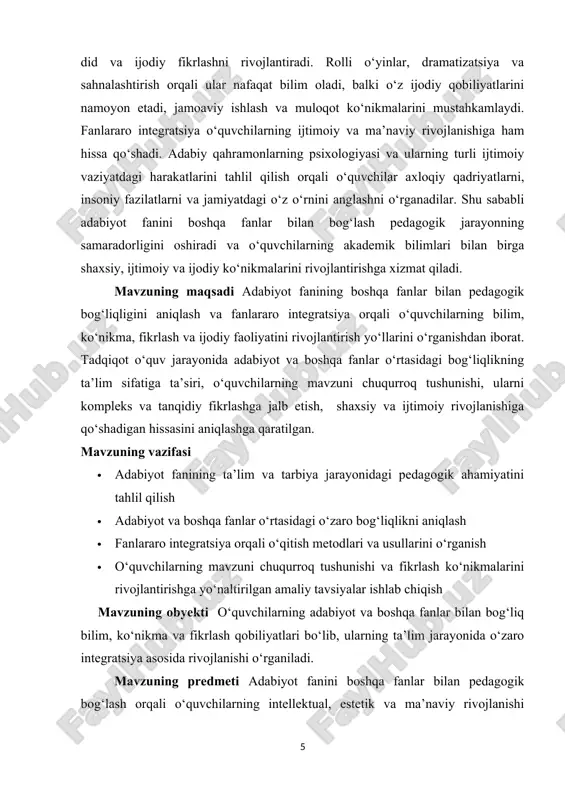 n aloqasi adabiyot fani va ona tili o‘rtasidagi bog‘liqlik zamonaviy ta’lim jarayonida markaziy ahamiyatga ega. ona tili – har bir insonning fikrini ifodalash vositasi bo‘lib, nutq madaniyati esa uning muloqotdagi aniq va ravon ifodasini ta’minlaydi. adabiyot fanining asosiy vazifalaridan biri o‘quvchilarda tilning boyligini, grammatik va sintaktik qoidalarni, ifoda vositalarini mukammal egallashga yordam berishdir. shu nuqtai nazardan, adabiyot darslari til va nutq madaniyati ko‘nikmalarini shakllantirish uchun samarali maydon vazifasini bajaradi. adabiyot orqali o‘quvchilar o‘z fikrlarini aniqlik bilan ifodalash, matnni to‘g‘ri tuzish va mantiqiy izchillikni saqlashni o‘rganadilar. hikoya, doston, she’r yoki drama kabi adabiy janrlar til va nutq madaniyatini rivojlantirishga xizmat qiladi, chunki ular o‘quvchilarda lug‘at boyligini oshirish, murakkab jumlalarni tushunish va ularni o‘z nutqlarida qo‘llash imkoniyatini beradi. adabiy matnlarni tahlil qilish va ularni yozma hamda og‘zaki shaklda ifodalash orqali o‘quvchilar nutqni ixcham, tushunarli va estetik jihatdan boy ifodalashni o‘rganadilar.[footnoteref:1] [1: tursunova n. “o‘quvchilarda estetik va axloqiy tarbiya shakllantirishda adabiyotning roli”, pedagogika …