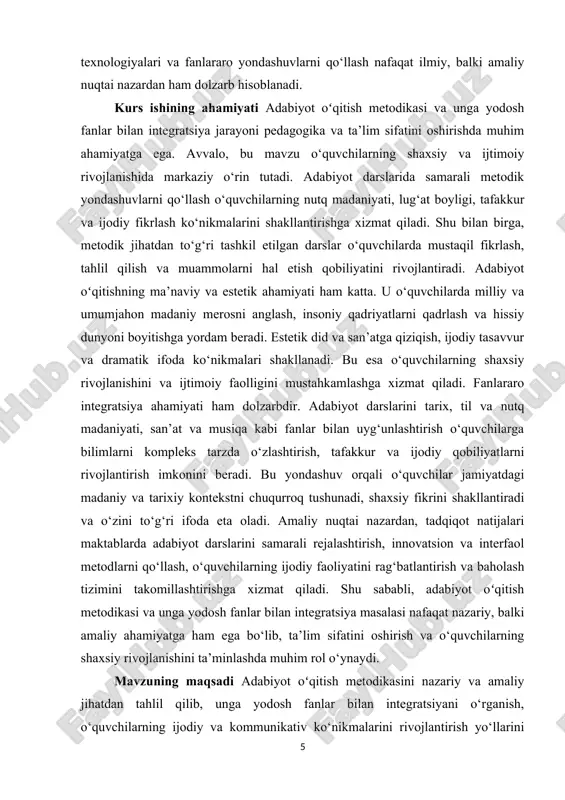 an integratsiyalashgan ta’lim jarayonlari hisoblanadi. predmet sifatida, adabiyot darslarida an’anaviy va innovatsion metodlardan foydalanish, fanlararo integratsiya, o‘quvchilarning nutq, tafakkur va ijodiy ko‘nikmalarini rivojlantirish bo‘yicha amaliy yondashuvlar o‘rganiladi. maktab amaliyotida adabiyot darslarini samarali rejalashtirish, o‘quv faoliyatini tashkil etish va baholash tizimini takomillashtirish imkoniyatlarini o‘z ichiga oladi. ushbu kurs ishining tarkibiy tuzilishi kirish ikki asosiy bob 5 paragraf xulosa va foydalanilgan adabiyotlardan iborat. i bob adabiyot oʻqitish va yodosh fanlar bilan bog‘liqligi 1.1 adabiyot fani metodikasining tarixiy rivojlanishi adabiyot fani metodikasi – o‘quvchilarga adabiyotni o‘qitish jarayonini nazariy va amaliy jihatdan tizimli tashkil etish san’ati va fanidir. uning rivojlanishi tarixiy jarayon bilan uzviy bog‘liq bo‘lib, har bir davrning pedagogik yondashuvlari, ta’lim tizimi va ijtimoiy-madaniy sharoitlariga qarab shakllangan. o‘zbekiston va dunyo adabiyot oʻqitish metodikasining dastlabki qadamlari maktab ta’limi tizimi shakllana boshlagan davrlarga borib taqaladi. xususan, o‘rta asrlarda adabiyot asosan diniy va ma’naviy tarbiya vositasi sifatida o‘qitilgan. shu davrda metodik yondashuvlar asosan memoriyal va og‘zaki …