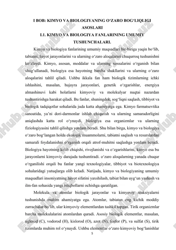adi. metabolizm jarayonida, organizmlar oʻzlarining biologik faoliyatlarini davom ettirish uchun energiya va moddalarni bir-biriga aylantiradi. kimyoviy reaktsiyalar turli energiya almashinuvi jarayonlari bilan bogʻliq boʻlib, ular organizmlarda oʻzgarishlarni amalga oshiradi. energiya almashinuvi, ayniqsa, kimyoviy reaktsiyalar orqali amalga oshiriladi. adenozin trifosfat (atp) organizmlarda energiya manbai sifatida ishlaydi, bu molekula energiya zaxirasini taqdim etadi va uning kimyoviy bogʻlanishlari organik jarayonlar uchun energiya manbai boʻlib xizmat qiladi. kimyoviy reaksiyalar eksotermik (energiya chiqaruvchi) yoki endotermik (energiya soʻruvchi) boʻlishi mumkin. bular tirik organizmlarda turli jarayonlarni boshqaradi, masalan, hujayralar ichidagi energiya almashinuvi yoki tashqi muhitdan energiya olish. umuman olganda, molekulalar va atomlar biologik jarayonlar va kimyoviy reaksiyalarni boshqarishda markaziy oʻrin tutadi. ular organizmning hayotiy faoliyatlarini davom ettirish va energiya ishlab chiqarish uchun zarur boʻlgan barcha reaksiyalarni amalga oshirish imkonini beradi. kimyo va biologiyaning oʻzaro taʼsiri va rivojlanishi juda keng va chuqur bogʻlanishlarga ega."kimyo va biologiya oʻrtasidagi bogʻlanish, har ikkala fan oʻzaro taʼsir oʻtkazuvchi jarayonlar orqali biologik tizimlarni …
