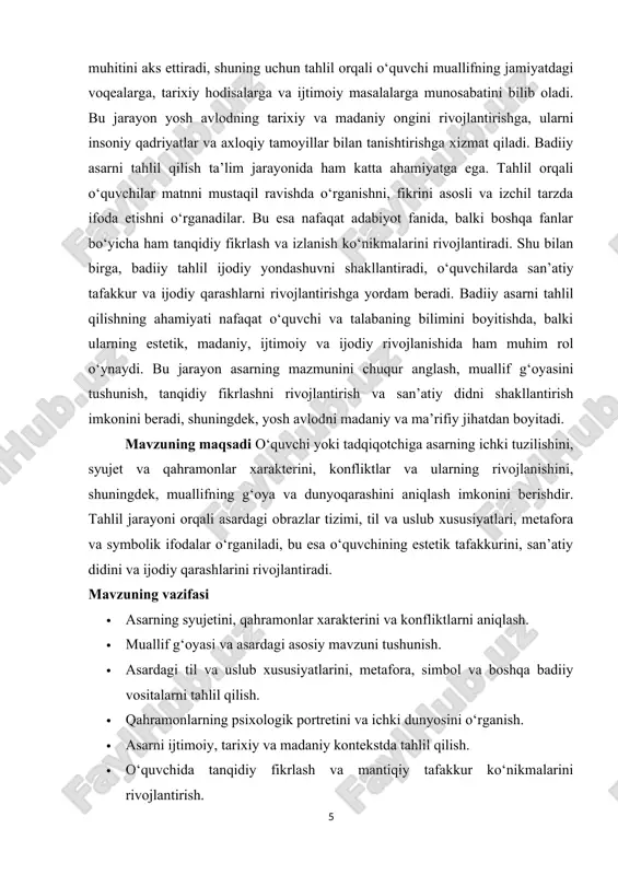 y-historik va estetik jihatlari. ushbu kurs ishining tarkibiy tuzilishi kirish ikki asosiy bob 5 paragraf xulosa va foydalanilgan adabiyotlardan iborat. i bob badiiy asarni tahlil qilish turlari 1.1. syujet va qahramonlar tahlili syujet va qahramonlar tahlili badiiy asarni o‘rganishning eng asosiy va dolzarb jihatlaridan biri hisoblanadi. syujet – bu asarda voqealar rivojlanish tartibi va ularning o‘zaro bog‘liqligini ifodalovchi asosiy struktura bo‘lib, u o‘quvchiga asarning mazmunini tushunish va qahramonlarning harakatlarini anglash imkonini beradi. syujetning aniqligi va tizimliligi orqali o‘quvchi voqealar zanjirini, konfliktning boshlanishi va rivojlanishini, qahramonlararo munosabatlarni yaxshiroq tushunadi. syujet tahlili jarayonida voqealar ketma-ketligi, asosiy va yordamchi voqealar, dramatik burilishlar, kulminatsiya va yakuniy hal etilish kabi jihatlar o‘rganiladi. shu bilan birga, syujet tahlili asardagi vaqt va makonning tashkil etilishi, retrospektiv va prolepsiv sahnalar, parallel va qatorlashgan voqealar kabi san’atiy vositalarni aniqlash imkonini ham beradi.[footnoteref:1] [1: axmedov, s. “badiiy asarni tahlil qilishning nazariy asoslari”. – toshkent, 2020.] qahramonlar tahlili esa asarning mazmuni …