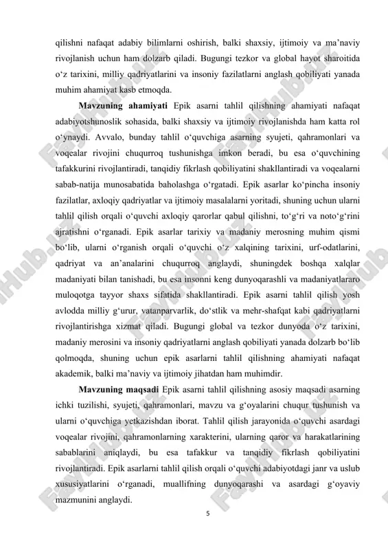 o‘p qahramonlarga ega va voqealarni ketma-ketlik bilan yoritishda turli hikoya vositalaridan foydalanadi. epik janrning asosiy xususiyatlaridan biri uning keng qamrovligi va voqelikni turli jihatlari bilan yoritishidir. bu janrda voqealar ko‘pincha tarixiy, ijtimoiy yoki madaniy kontekstga bog‘langan bo‘lib, qahramonlarning hayot yo‘li orqali butun bir davr yoki jamiyat holati tasvirlanadi. epik janrga mansub asarlarda odatda asosiy qahramonlar bilan birga yordamchi va qarama-qarshi qahramonlar ham mavjud bo‘lib, ular orqali syujet yanada boyitiladi va dramatiklik hissi oshiriladi.[footnoteref:1] [1: abdurahmonov sh., “o‘zbek epik adabiyoti: tarixi va rivoji”, toshkent, 2015.] epik janr voqealarni faqat tashqi hodisalar orqali emas, balki qahramonlarning ruhiy kechinmalari, qarorlarining sabab va natijalari orqali ham yoritadi, bu esa o‘quvchiga inson tabiati va uning ijtimoiy muhit bilan munosabatini tushunishga yordam beradi. epik janrning yana bir xususiyati uning kompozitsion murakkabligidadir; asar ko‘pincha bo‘limlar, lavhalar yoki boblar orqali tashkil etiladi va har bir bo‘lim syujetni rivojlantirishda muhim rol o‘ynaydi. til va uslub jihatidan epik janrda tasviriy …