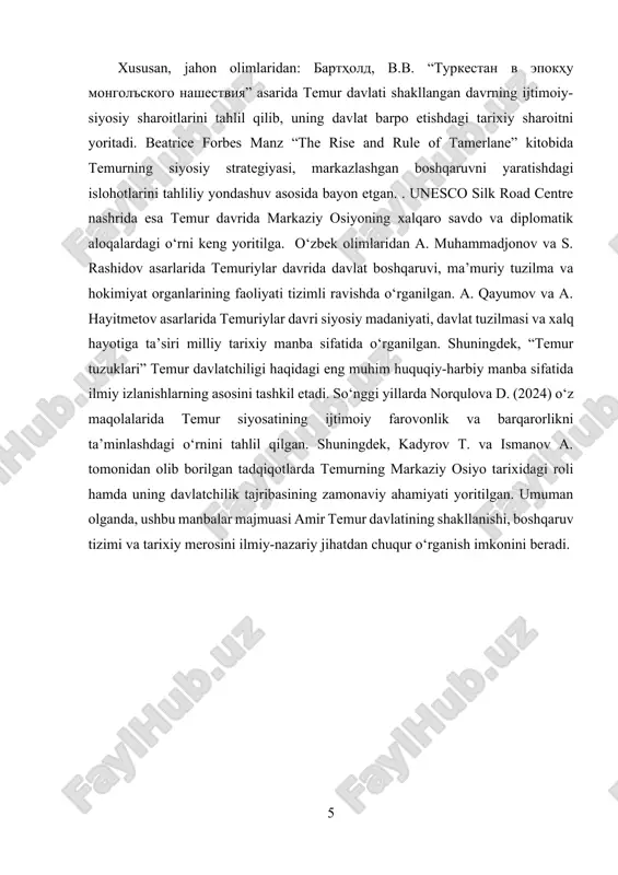 tnalar, va harbiy to‘qnashuvlar tobora kuchaydi. natijada movarounnahr turli amirliklar va mustaqil hududlarga bo‘linib ketdi. bu parokandalik davrida eng katta kuchga ega bo‘lgan amirlar qatoriga qazag‘on, amir husayn, bayazid jaloyir, va boshqa mahalliy sarkardalar kirgan. ayniqsa, qazag‘on 1346-yilda chag‘atoy xoni qozonxonni o‘ldirib, movarounnahrni de-fakto o‘z nazoratiga olgan bo‘lsa-da, u ham barqaror hokimiyat o‘rnata olmadi[footnoteref:1]. uning o‘g‘li abdulloh otasining siyosatini davom ettira olmadi, natijada mamlakat yana beqarorlikka yuz tutdi. shu tariqa, movarounnahrda markaziy davlat hokimiyatining yo‘qligi iqtisodiy tanazzul va ijtimoiy beqarorlikni kuchaytirdi. [0: barthold, v.v. turkestan v epokhu mongol'skogo nashestviya. moskva, 1963 (10.c).] [1: lee, j.y. “the political vagabondage of the chinggisid and timurid.” central asian survey, 36(1–2), 2017.] mo‘g‘ullar istilosi nafaqat siyosiy, balki ijtimoiy-iqtisodiy hayotga ham og‘ir zarba berdi. sug‘orish inshootlari vayron bo‘ldi, ko‘plab yerlar tashlandiq holga keldi, dehqonchilik turg‘unlikka uchradi. savdo yo‘llari, ayniqsa buyuk ipak yo‘lining movarounnahrdan o‘tuvchi qismlari xavfsizligini yo‘qotdi,[footnoteref:2] bu esa xalqaro savdoning pasayishiga olib keldi. natijada, …