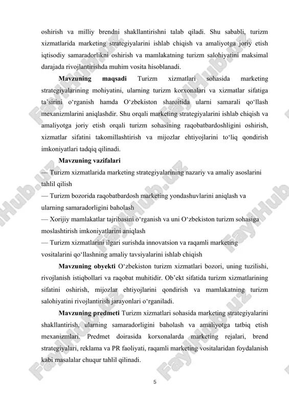 li iqtisodiy samaradorlikni ta’minlaydi, balki mamlakatning tashqi iqtisodiy aloqalarini mustahkamlash, madaniy va ilmiy almashinuvni rag‘batlantirish, shuningdek, mintaqaviy integratsiyani rivojlantirish kabi ijtimoiy ahamiyatga ham ega. so‘nggi yillarda turizm sektori global darajada yuksak tendensiyalarni namoyon qilmoqda. xususan, xizmatlar eksporti orqali mamlakatlar daromadini oshirish, turizm orqali xorijiy investitsiyalarni jalb qilish, shuningdek, mahalliy ishlab chiqaruvchilar va kichik biznes subyektlarini qo‘llab-quvvatlash imkoniyatlari kengaymoqda. turizmning iqtisodiy salohiyati ko‘plab sohalar bilan uzviy bog‘liq bo‘lib, transport, mehmonxona, ovqatlanish, sog‘liqni saqlash, madaniyat va ko‘ngilochar xizmatlar sohalarini rivojlantirishga hissa qo‘shadi.[footnoteref:1] [1: o‘zbekiston respublikasi prezidentining “2022–2026-yillarga mo‘ljallangan yangi o‘zbekiston taraqqiyot strategiyasi to‘g‘risida”gi pf–60-son farmoni. – 2022-yil 28-yanvar.] o‘zbekiston respublikasida turizm sohasi milliy iqtisodiyotning ustuvor yo‘nalishlaridan biri sifatida belgilangan. so‘nggi yillarda amalga oshirilgan davlat dasturlari va strategiyalar, jumladan, “yangi o‘zbekiston – yangi turizm” konsepsiyasi, mamlakatimiz turizm salohiyatini oshirishga qaratilgan keng ko‘lamli chora-tadbirlarni o‘z ichiga oladi. bu dasturlar nafaqat turizm xizmatlarining sifatini yaxshilash, balki yangi turistik yo‘nalishlar yaratish, infratuzilmani rivojlantirish va xalqaro turistlarni …