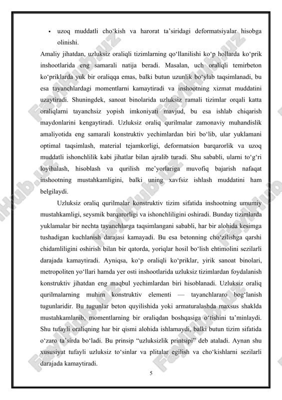 prik inshootlarida eng samarali natija beradi. masalan, uch oraliqli temirbeton ko‘priklarda yuk bir oraliqqa emas, balki butun uzunlik bo‘ylab taqsimlanadi, bu esa tayanchlardagi momentlarni kamaytiradi va inshootning xizmat muddatini uzaytiradi. shuningdek, sanoat binolarida uzluksiz ramali tizimlar orqali katta oraliqlarni tayanchsiz yopish imkoniyati mavjud, bu esa ishlab chiqarish maydonlarini kengaytiradi. uzluksiz oraliq qurilmalar zamonaviy muhandislik amaliyotida eng samarali konstruktiv yechimlardan biri bo‘lib, ular yuklamani optimal taqsimlash, material tejamkorligi, deformatsion barqarorlik va uzoq muddatli ishonchlilik kabi jihatlar bilan ajralib turadi. shu sababli, ularni to‘g‘ri loyihalash, hisoblash va qurilish me’yorlariga muvofiq bajarish nafaqat inshootning mustahkamligini, balki uning xavfsiz ishlash muddatini ham belgilaydi. uzluksiz oraliq qurilmalar konstruktiv tizim sifatida inshootning umumiy mustahkamligi, seysmik barqarorligi va ishonchliligini oshiradi. bunday tizimlarda yuklamalar bir nechta tayanchlarga taqsimlangani sababli, har bir alohida kesimga tushadigan kuchlanish darajasi kamayadi. bu esa betonning cho‘zilishga qarshi chidamliligini oshirish bilan bir qatorda, yoriqlar hosil bo‘lish ehtimolini sezilarli darajada kamaytiradi. ayniqsa, ko‘p oraliqli ko‘priklar, …