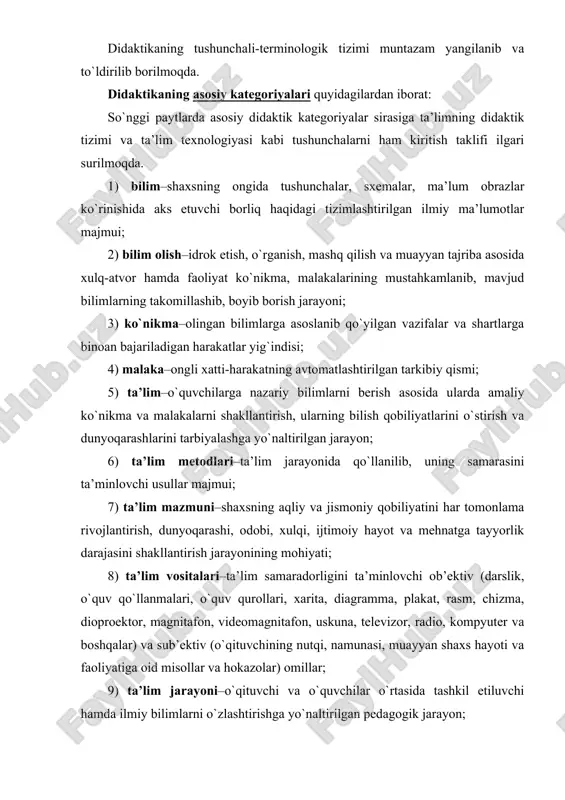 sollar va hokazolar) omillar; 9) ta’lim jarayoni–o`qituvchi va o`quvchilar o`rtasida tashkil etiluvchi hamda ilmiy bilimlarni o`zlashtirishga yo`naltirilgan pedagogik jarayon; 10) ta’lim mazmuni–davlat ta’lim standartlari asosida belgilab berilgan hamda ma’lum sharoitda muayyan fanlar bo`ycha o`zlashtirilishi nazarda tutilgan ilmiy bilimlar mohiyati; 11) ta’lim maqsadi (o`qish, bilim olish maqsadi) – ta’limning aniq yo`nalishini belgilab beruvchi yetakchi g`oya; 12) ta’lim natijasi (ta’lim mahsuli) – ta’lim yakunining mohiyatini qayd etuvchi tushuncha; o`quv jarayonining oqibati; belgilangan maqsadni amalga oshirish darajasi; 13) ta’limni boshqarish–ta’lim muassasalarining faoliyatini yo`lga qo`yish, boshqarish, nazorat qilish hamda istiqbollarini belgilash; 14) ta’lim tizimi–yosh avlodga ta’lim-tarbiya berish yo`lida davlat tamoyillari asosida faoliyat yuritayotgan barcha turdagi o`quv-tarbiya muassasalari majmui. 4. didaktik nazariya (konsepsiya)lar va ularning falsafiy asoslari. ta’lim jarayoni psixologik-pedagogik konsepsiyalar (ular aksariyat hollarda didaktik tizimlar ham deb ataladi) asosida tashkil etiladi. didaktik tizim (yunoncha “systema” yaxlit qismlardan tashkil topgan, birlashtirish) – ma’lum mezonlari asosida ta’lim jarayoning yaxlit holatini belgilash, ajratib ko`rsatish demakdir. u ta’limning …