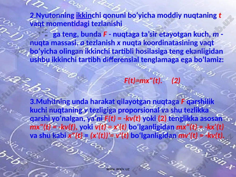 = c ifodalarni berilgan tenglamaga qo‘ysak, tenglama ayniyatga aylanadi: c = c. demak, y = cx umumiy yechim. xususiy yechimni topish uchun y = cx ga oldin x = 1, y = 1 ni qo‘yamiz: c = 1. bunga mos xususiy yechim y = x bo‘ladi (3-rasm). endi y = cx ga x = 0, y = 0 ni qo‘yamiz: 0 = c ∙ 0. bu tenglik c ning bitta emas, balki har qanday qiymatida bajariladi, ya’ni (0; 0) nuqtadan cheksiz ko‘p y = cx to‘g‘ri chiziqlar o‘tadi (.3-rasm). (0; 0) nuqta differensial tenglamaning maxsus nuqtasidan iborat. 4-misol. tenglamani yechamiz. : yechish. tenglama ifodasi ustida zarar almashtirishlami bajarib, yechimni topamiz: yoki c - ixtiyoriy son. tenglamaning integral chiziqlari umumiy markazi o (0; 0) koordinatalar boshida joylashgan konsentrik aylanalardan iborat (4- rasm). bu holda 0(0: 0) nuqta undan birorta ham aylana (integral chiziq) o‘tmaydigan maxsus nuqta. demak, yechim markazi teshilgan nuqta …