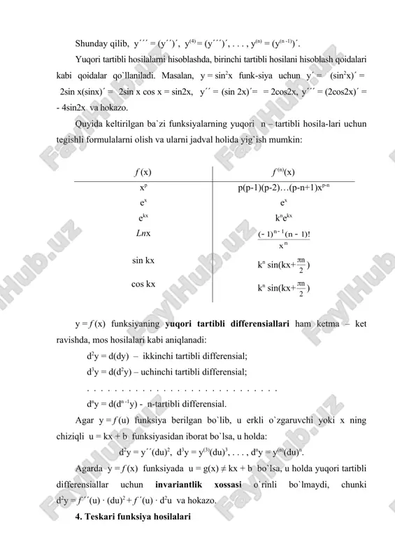 itiladi. agar x = a + δx almashtirish kiritsak, teylor formulasi ( θ є (0; 1) ) lagranjning umumlashma chekli orttirmalar formulasi deb ataladigan ko`rinishini oladi. agar teylor formulasida a = 0 bo`lsa, ushbu ( θ є (0; 1) ) makloren formulasi deb ataladigan formulani olamiz. teylor - makloren formulalari funksiyalarni ko`phad shaklida ifodalashda, funksiyalarning taqribiy qiymatlarini hisoblashda, funksiyalarni tekshirish va limitlarni aniqlashda qo`llaniladi. masalan, x = 0 nuqta atrofidagi har bir x uchun quyidagilar o`rinli: 1) ; 2) ; 3) ; 4) ; 5) . 3. aniqmasliklarni ochish lopital qoidasi lopital qoidasi: a nuqtaning biror atrofida differensiallanuvchi, nuqta-ning o`zida differensiallanuvchi bo`lishi shart bo`lmagan f (x) va g(x) funksiyalar uchun, shu atrofda g((x) ≠ 0 va yoki yoki shartlar o`rinli bo`lib, limit mavjud bo`lsa, u holda ham mavjud bo`ladi va tenglik o`rinli. yuqoridagi qoida a ni ∞ bilan almashtirilgan hol uchun ham o`rinli. lopital qoidasi yoki ko`rinishidagi aniqmasliklarni ochishda qo`llaniladi. …