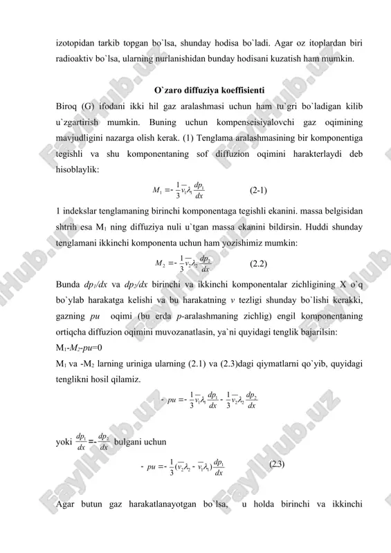 emperaturaning pasayish yo`nalishi bo`ylab aralashma komponentalarida konsentrasiyalar farqining yuzaga kelishiga olib keladi. bir jinsli gaz aralashmasi bilan to`ldirilgan yassi devorli idish ko`z oldimizga keltiraylik. agar pastki va yuqoridagi devorlarni t1 va t2 temperaturalarda tutilsa va bunda t1>t2 bo`lsa, u holda termodiffuziya hodisasiga ko`pincha shunga olib keladiki, yuqoriroq temperatura temieraturali yuqorigi devorda ortiqcha og`ir molekulalar hosil bo`ladi. ba`zi aralashmalar uschun bur termoduffuziyaning aksi bo`ladi. rasmda komponentalardan birining balandlik bo`yicha taqsimlanishi ko`rsatilgan. punktir bilan temperaturalar farqi bo`lmagandagi konskentrasiya qiymati ko`rsatilgan. termoduffuziya gaz aralashmasinish qisman komponentalarga ajralipshni yuzaga keltiradi. konsentrasiyalarning yuzaga kelgan farqi odatdagi konseitrasion diffuziya tufayli tenglashishga intiladi, bu konyentrasion diffuziya oqimi termoduffuziya oqimiga qarshi yo`nalgan. bu ikki prosessning birgalikdagi harakati natijasida aralashma komponentlari konsentrasiyalarining muvozanatdagi gratienti qaror topadi. termodiffuziya hodisasini biz odatda gidiffuzi ya`ni tushuntirishda muvaffiqiyat bilan ifodalangan molekulyar-kinetik nazariya tasavvurlari yordamida tushuntirish mumkin emas (termodiffuziyaning keyin kashf qilinganining sababi hamshu). bu hodisada komponetalar molekulalarning o`zaro tuknashuv davridagi bir-biridan tasir kuchlari …