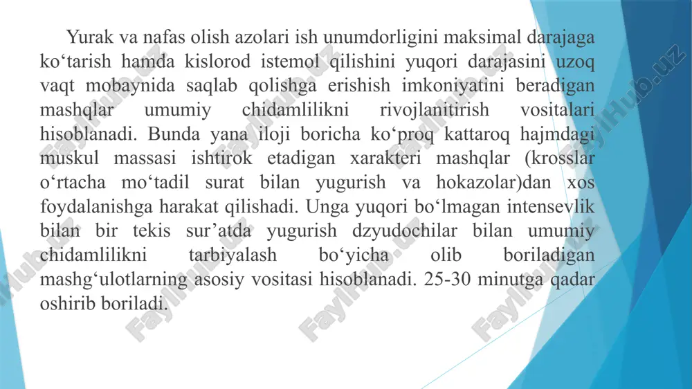 t turidagi ish qobiliyatini va charchashini aniqlovchi omillarini xisobga olgan xolda amalga oshiriladi.2 shuning uchun chidamlilikni nazorati uchun usul tanlashda xar bir xolatlarda ochishlarni taxlil qilish kerak markaziy asab tizimi doimiy ishini buzilishi muvofiklay olmay qolish xarakatlarni bajarishda irodani zaiflashishi xos xususiyat xisoblanadi. bunday xollarda tanadagi kuchning zaiflashuvchi tez-tez nafas olish yurak urishini tezlashuvi ishni davom ettira olmaslik seziladi. shuning uchun chidamlilikni nazorati uchun usul tanlashda xar bir xolatlarda omillarni taxlil qilish kerak. muhokama shunday qilib, bajariladigan ish anaerob, aerob yoki anaerob aerob (aralash) rejimda bajarilishi mumkin. aralash tartib bu harakat uchun zarur bo’lgan energiyani taminlash vaqtida ikkala tarkibning ishtirok etishidir. anaerob tarkibda atef resssentizning ikki tizimi harakatga keladi: 1. fasfogen tizimi- “lakta , sut kislotasi hosil qilmasdan” 2. laktotsit tizimi “laktat hosil qilish yo’li bilan” aerob tarkibida faqat bitta tizim –kislorod tizimi harakatga keladi. shunday qilib atf ning tiklanishi u yoki bu tizimdagi ishlarning turiga bog’liq bo’ladi. xulosa xulosa …