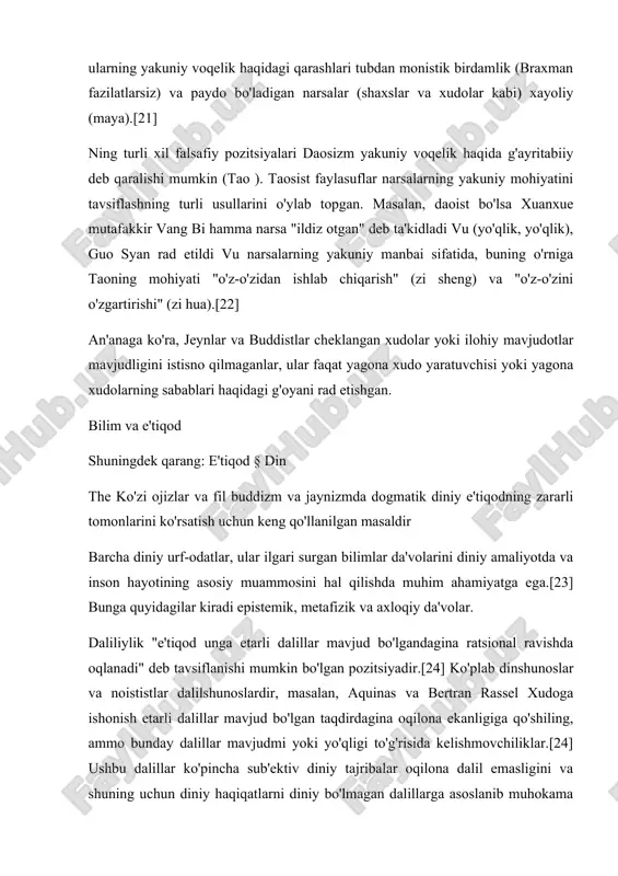 roda (1896), bu klifford printsipiga qarshi chiqadi. yaqinda daliliylikni qo'llab-quvvatlovchilar kiradi antoniy flyu ("ateizm prezumptsiyasi", 1972) va maykl skriven (boshlang'ich falsafa, 1966). ularning ikkalasi ham okhamist x uchun dalillar bo'lmasa, xga ishonish o'zini oqlamaydi. ko'pchilik zamonaviy tomistlar xudoga ishonish uchun dalillar borligini isbotlashlari mumkinligi bilan ham dalilchilar. yana bir harakat - a da bahslashish bayesiyalik to'liq dalillarni emas, xudo singari diniy haqiqatning paydo bo'lish ehtimoli uchun yo'l.[25] ammo ba'zi faylasuflar diniy e'tiqod kafolatlangan deb ta'kidlaydilar dalilsiz va shuning uchun ba'zan chaqiriladi guvohnoma bermaslik. ular o'z ichiga oladi fideistlar va islohot qilingan epistemologlar. alvin plantinga va boshqalar islohot qilingan epistemologlar diniy e'tiqodlar "to'g'ri asosdagi e'tiqodlar" ekanligini va ular hech qanday dalillar bilan qo'llab-quvvatlanmasa ham, ularni tutish mantiqsiz emasligini ta'kidlaydigan faylasuflarning misollari.[27][28] bu erda mantiqiy asos shundaki, biz tutgan ba'zi e'tiqodlar asosli bo'lishi kerak va kelgusida ratsional e'tiqodlarga asoslanmasligi kerak, agar bunday bo'lmasa, biz xavf tug'diramiz cheksiz regress. bu ularni e'tirozlardan himoya …