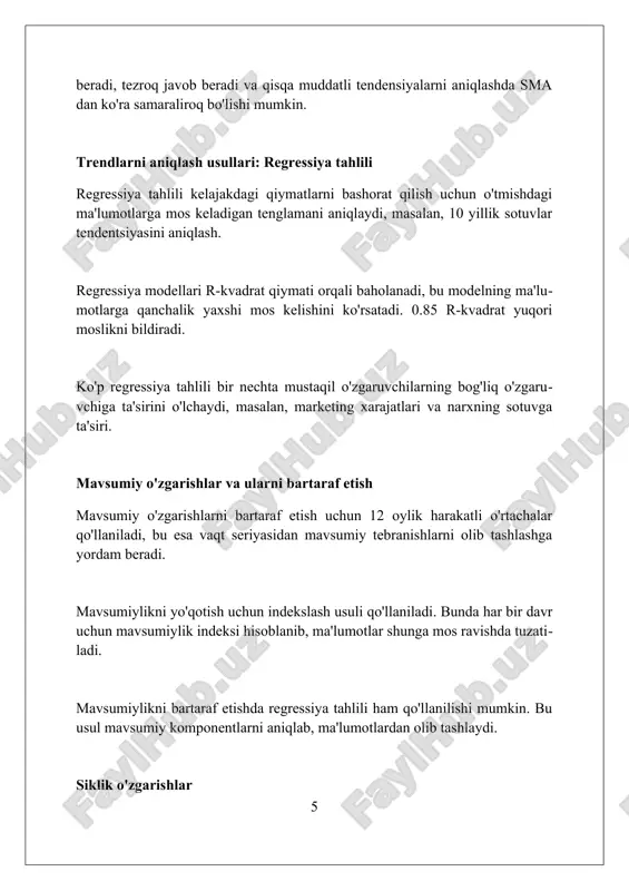 i 3-5 yillik sikllarni aniqlash mumkin. xulosa xulosa, tadqiqotning asosiy natijalarini va topilmalarini 1-2 ta qisqa xatboshida taqdim etadi, shu bilan asosiy dalillarga e'tiborni qaratiladi. xulosada, tendensiyalarni aniqlash uchun ishlatilgan asosiy statistik usullar, masalan, 3 oylik harakatlanuvchi o'rtacha qiymat kabi o'ziga xos yondashuvlar qisqacha yoritiladi. xulosa qismida, 5 yillik tendensiyalarni aks ettiruvchi muhim ko'rsatkichlar, ularning umumiy o'sish sur'ati va erishilgan eng yuqori qiymatlari haqida ma'lumot beriladi. xulosa seriyalar dinamikasini tahlil qilish va trendlarni aniqlash kelajakdagi bashoratlar va strategik qarorlar qabul qilish uchun muhim ahamiyatga ega. foydalanilgan adabiyotlar 1. hamilton, j. d. (1994). vaqt seriyali tahlili. princeton university press. 2. box, g. e. p., jenkins, g. m., reinsel, g. c., va ljung, g. m. (2015). vaqt seriyali tahlili: prognozlash va boshqaruv. john wiley sons. 3. hyndman, r 0 0 0 7