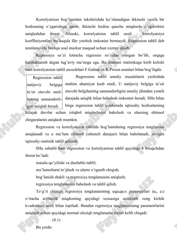 amalar tizimi kelib chiqadi: (8.1) bu yerda: n - to’plamning hajmi (birliklar soni); x1, x2,....., xn - omil belgining haqiqiy qiymatlari; y1, u2,....., yn - natijaviy belgining haqiqiy qiymatlari. sistemaning parametrlarga nisbatan umumiy yechimi ushbu ko’rinishda yoziladi: (8.2.) regressiya koeffitsiyenti omil x belgining samaradorligini belgilaydi. (8.3.) regressiya tenglamasida x-omil belgi oldidagi a1 koeffitsiyent iqtisodiy tahlil uchun katta ahamiyatga ega. u regressiya koeffitsiyenti deb nomlanadi va x-omilning samaradorligini ko’rsatadi: omil bir birlikka oshganda natija o’rtacha qancha miqdorga oshishi (yoki pasayishi)ni ifodalaydi. fexner koeffi-tsiyenti bog’lanish zichligining juda dag’al meyoridir. korrelyatsiya va regressiya koeffitsiyentlari orasidyaa quyidagicha o’zaro bog’lanish mavjud: bog’lanish zichligini baholashda xaqiqatga qo’pol yaqinlashish sifatida nemis psixatri g.t.fexner taklif qilgan meyordan foydalanish mumkin. bu ko’rsatkich bir xil ishorali juft tafovutlar soni bilan har xil ishorali juft tafovutlar soni orasidagi ayirmani bu sonlarning yig’indisiga nisbati bilan aniqlanadi: (8.5) bu yerda (a- bir xil ishoraga ega bo’lgan ayirmalarini umumiy soni; (b - har xil …