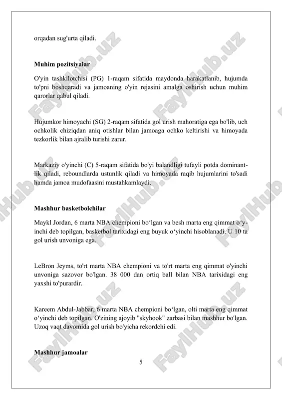 omillarni tahlil qilish orqali to'liq tushuncha beradi. xulosa basketbol sport o'yinlari jamoaviy ruhni mustahkamlaydi, tezkor qaror qabul qilishni rivojlantiradi va jismoniy faollikni oshiradi. bu sport har kim uchun qiziqarli va foydali mashg'ulotdir. foydalanilgan adabiyotlar 1. basketbol bo'yicha sport o'yinlari qoidalari, xalqaro basketbol federatsiyasi (fiba). 2. basketbol bo'yicha mashg'ulotlar metodikasi, muallif (ismi shart emas), nashriyot (shart emas), yil (shart emas). 3. basketbol taktikasi va strategiyasi, muallif (ismi shart emas), nashriyot (shart emas), yil (shart emas) 0 0 0 7